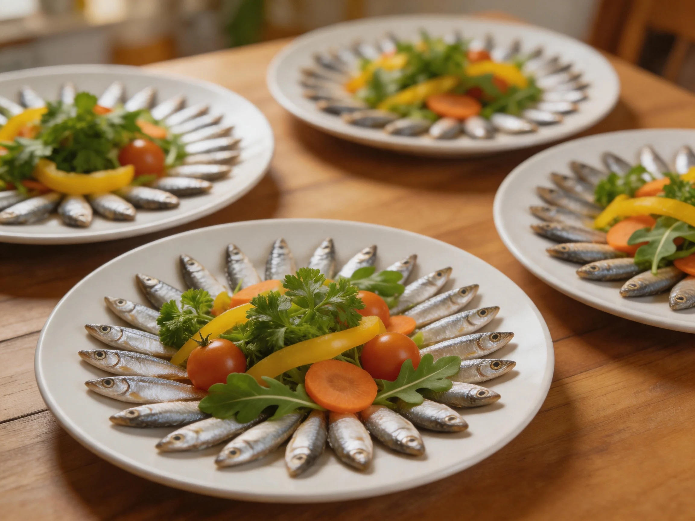 Four plates of small silver fish with colorful vegetable garnishes