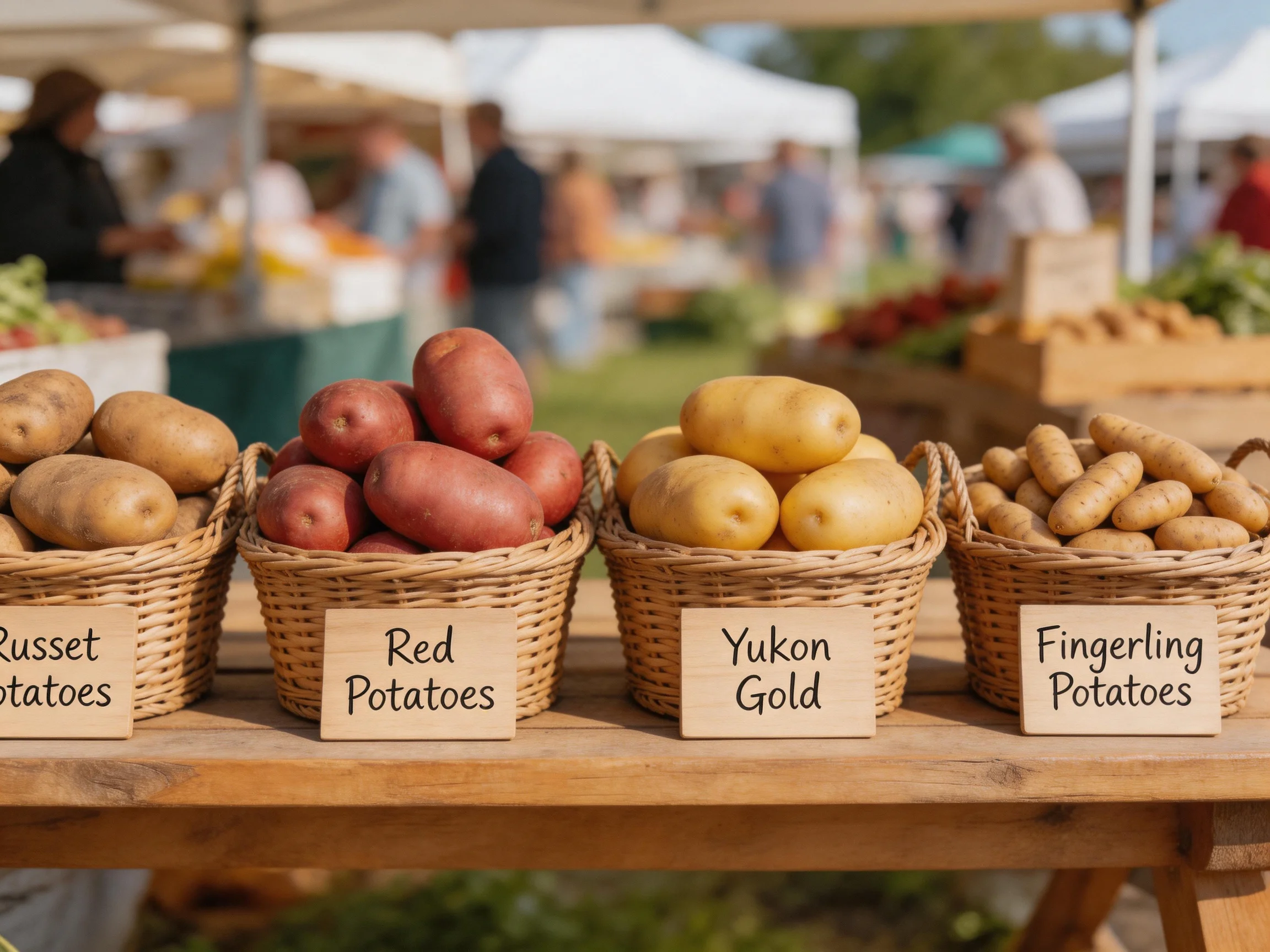 Four potato varieties displayed in wicker baskets at an outdoor farmers market