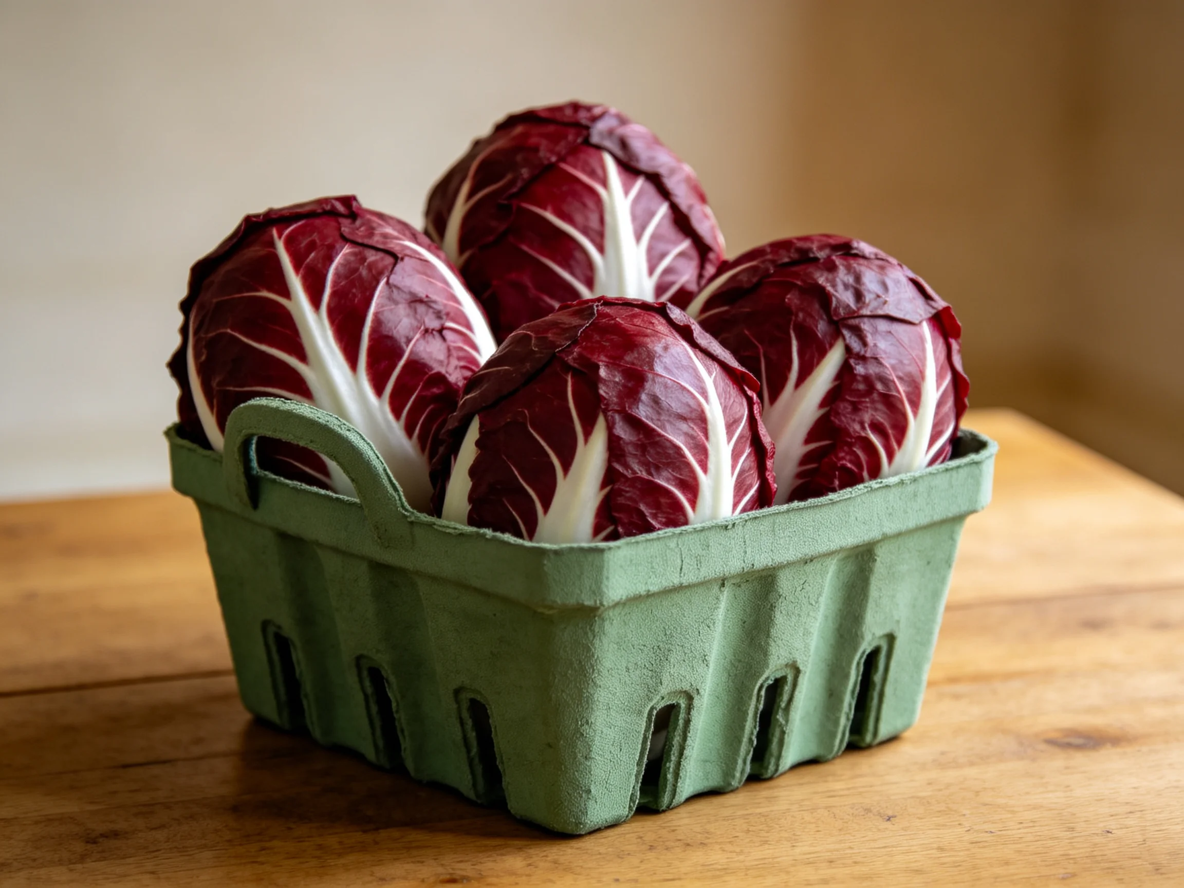 Four radicchio heads in a green container on a wooden table