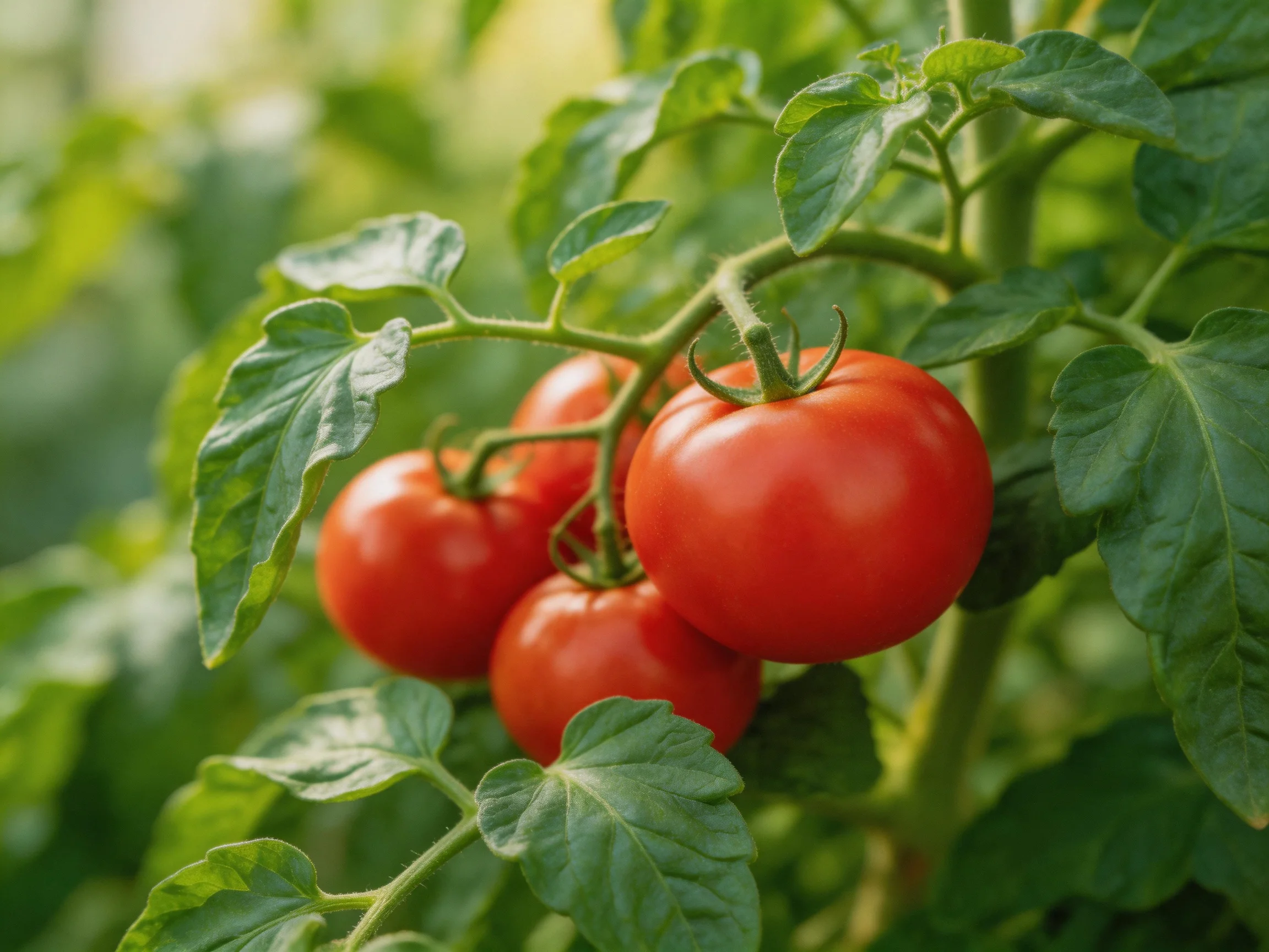 Four ripe red tomatoes growing on a lush green tomato plant