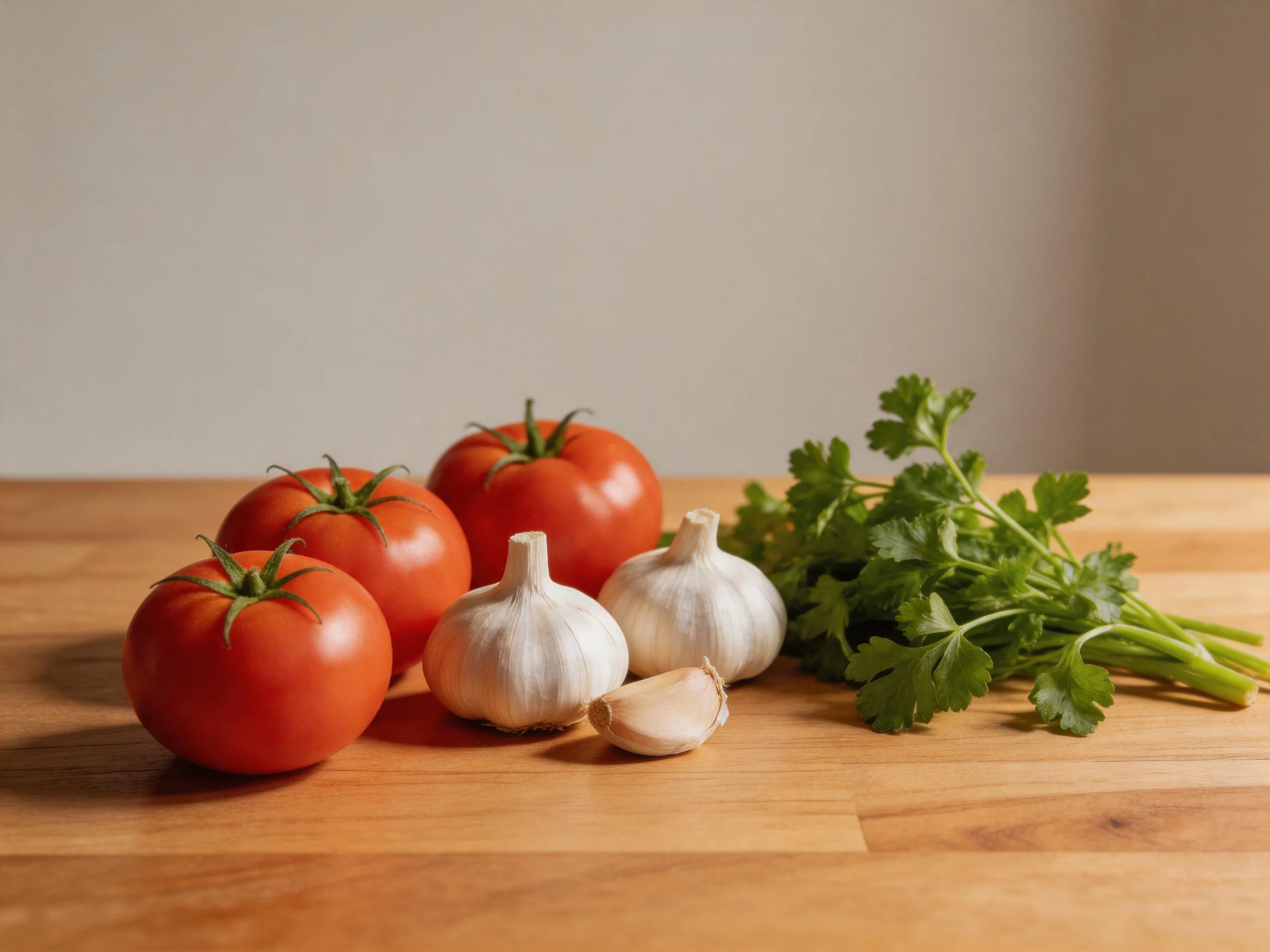 Four ripe red tomatoes, two garlic bulbs, and fresh green herbs on a wooden cutting board