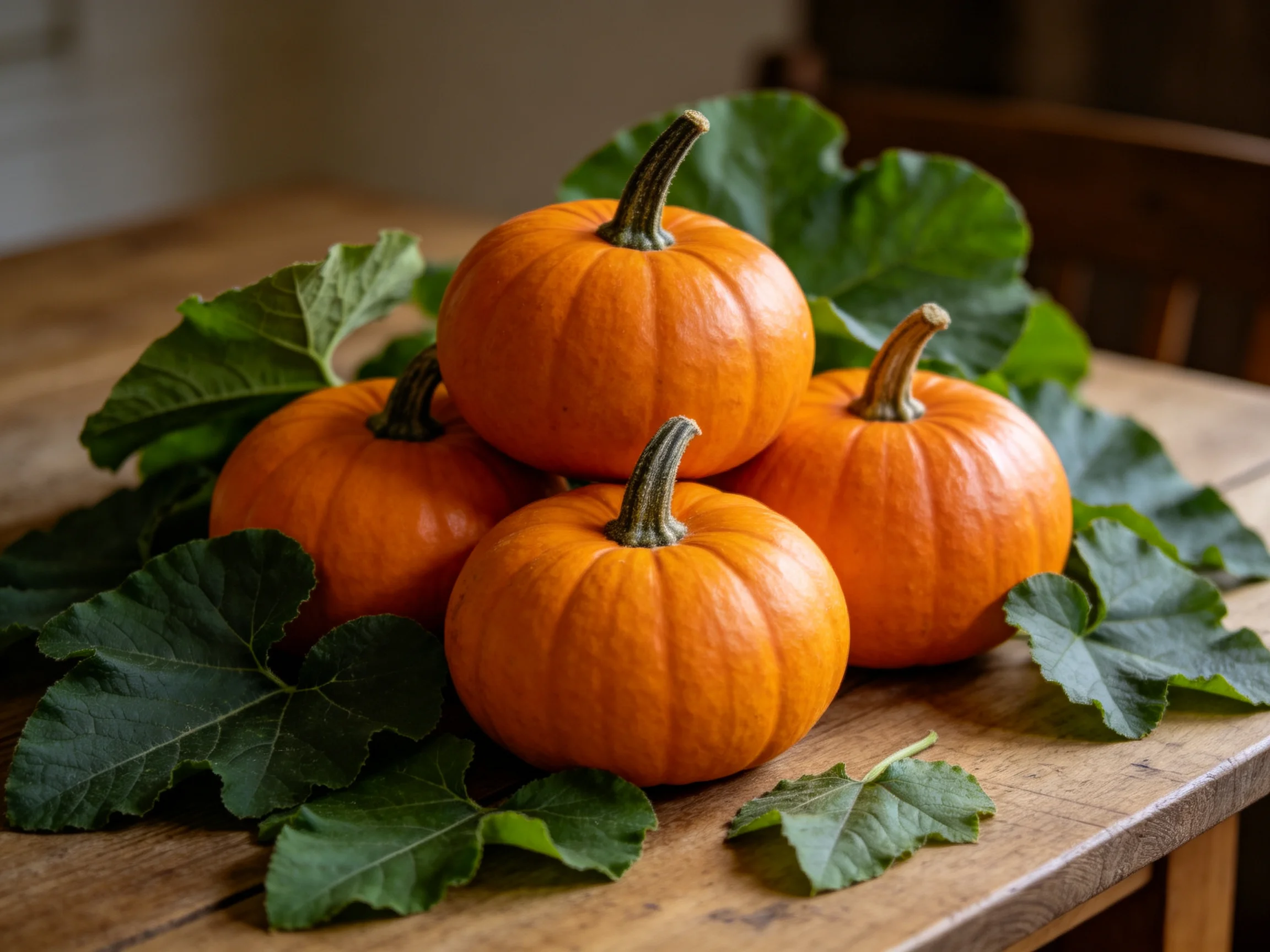 Four small orange pumpkins grouped with large green leaves on a wooden table