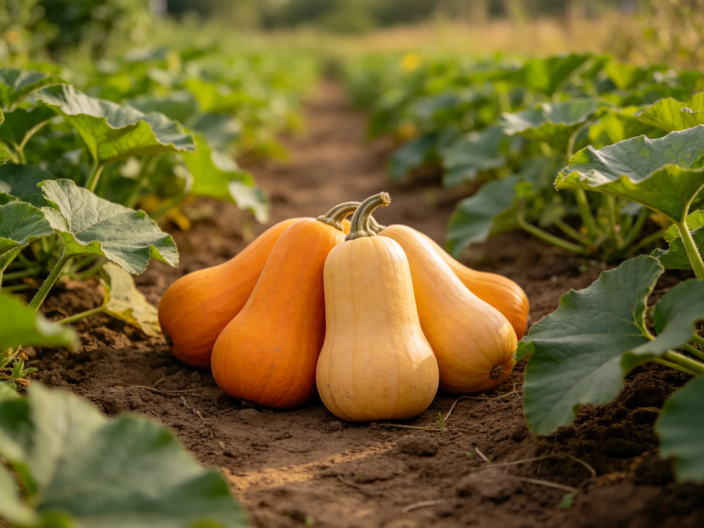 Four squash in orange and cream hues gather among lush green plants in a sunlit farm pathway.