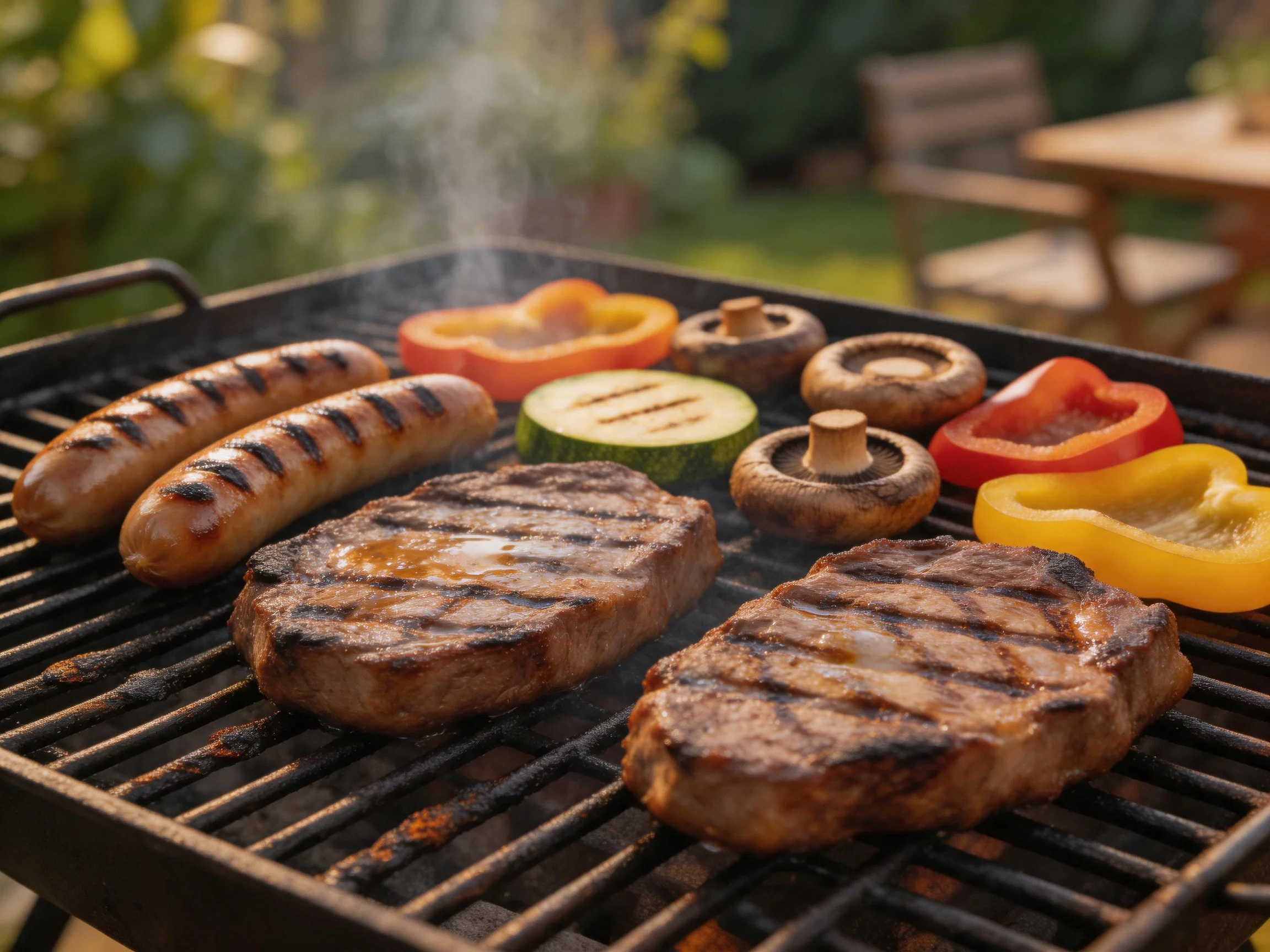 Four steaks, three sausages, colorful vegetables grilling on a black barbecue