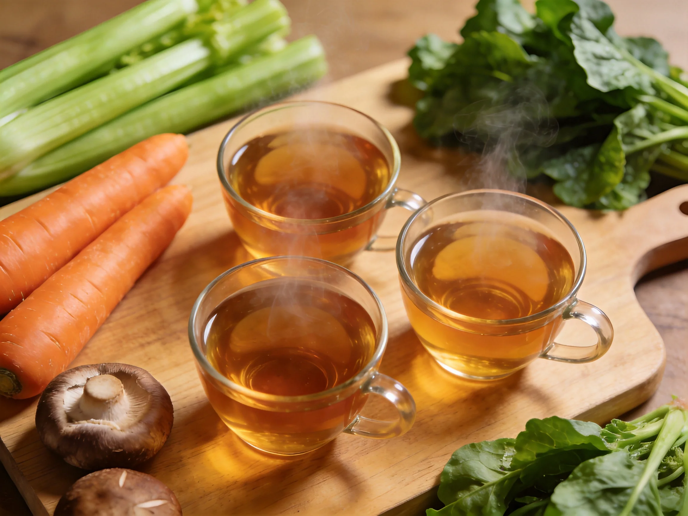 Four steaming amber cups among fresh vegetables on a wooden board
