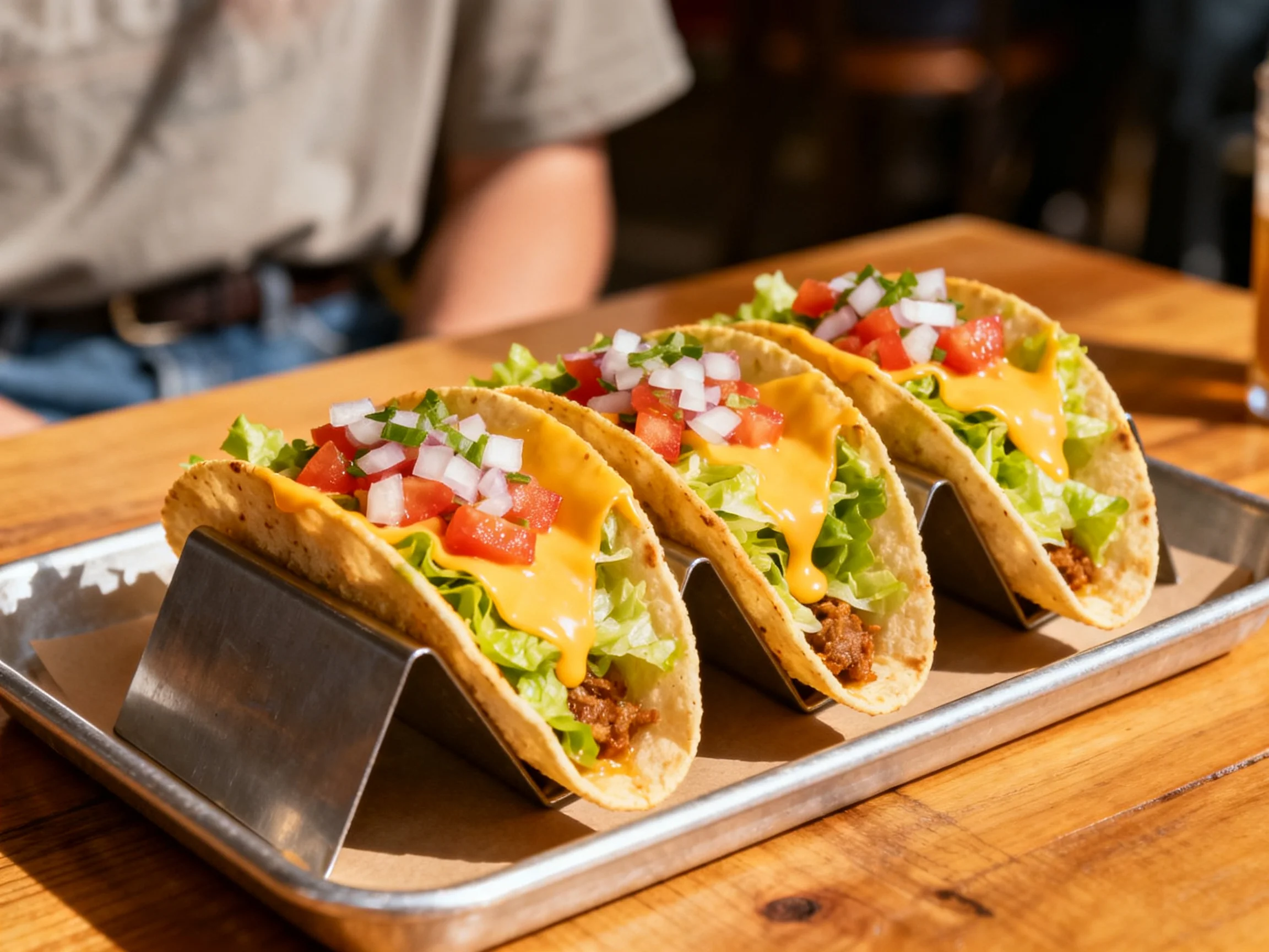 Four tacos loaded with lettuce, cheese, tomatoes, and onions on a metal tray
