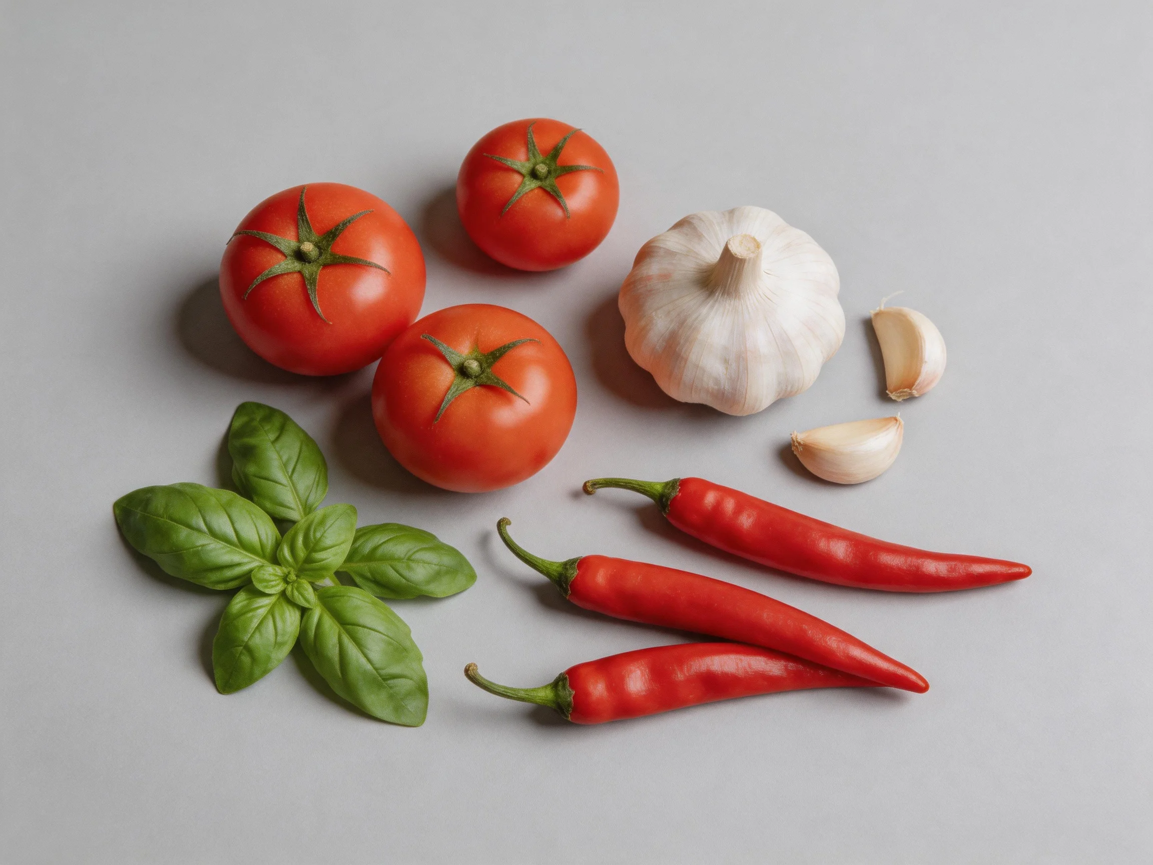 Four tomatoes, two chili peppers, garlic cloves, and basil leaves arranged on a gray surface