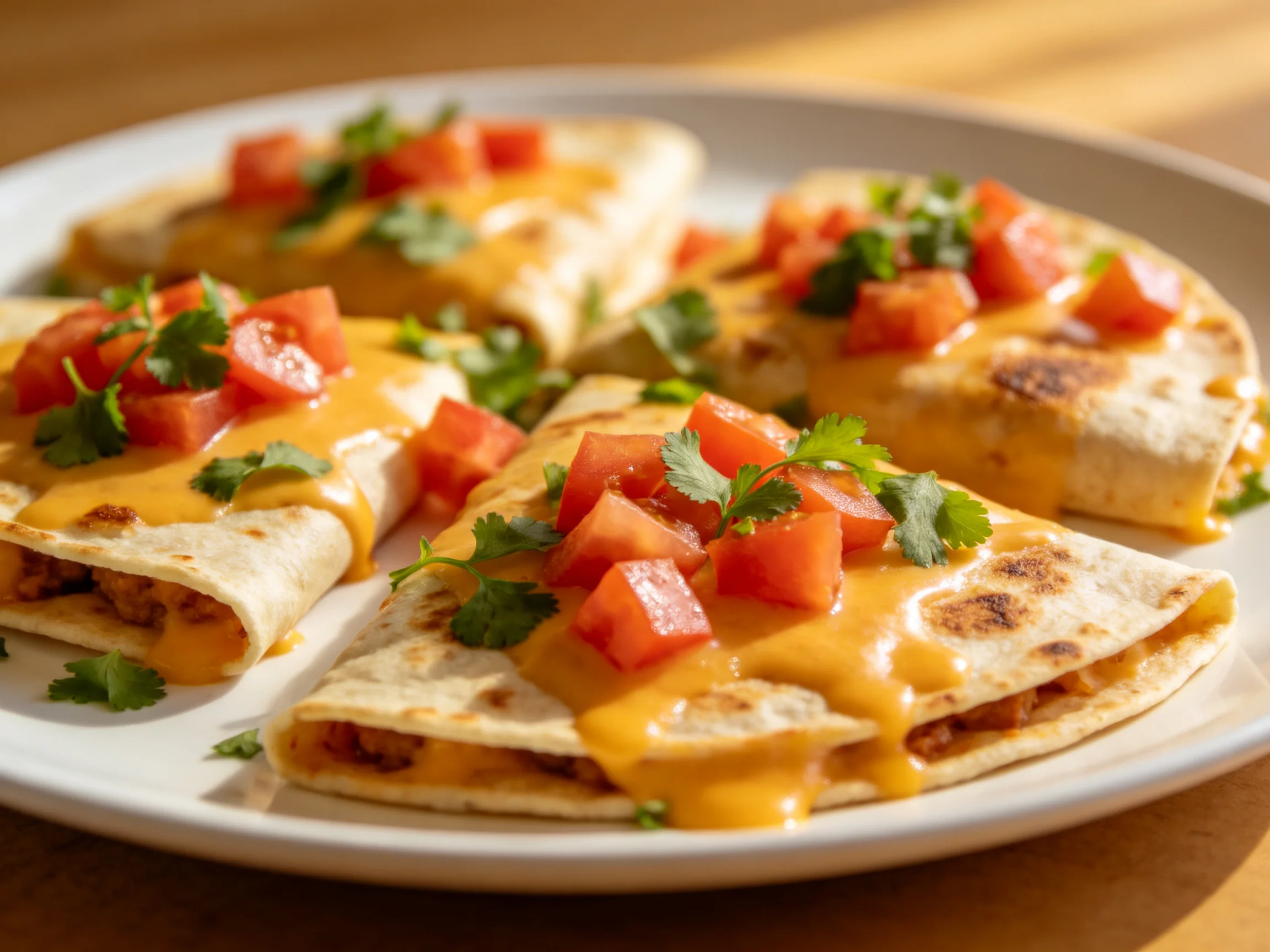 Four triangular quesadilla slices with melted cheese, diced tomatoes, and cilantro