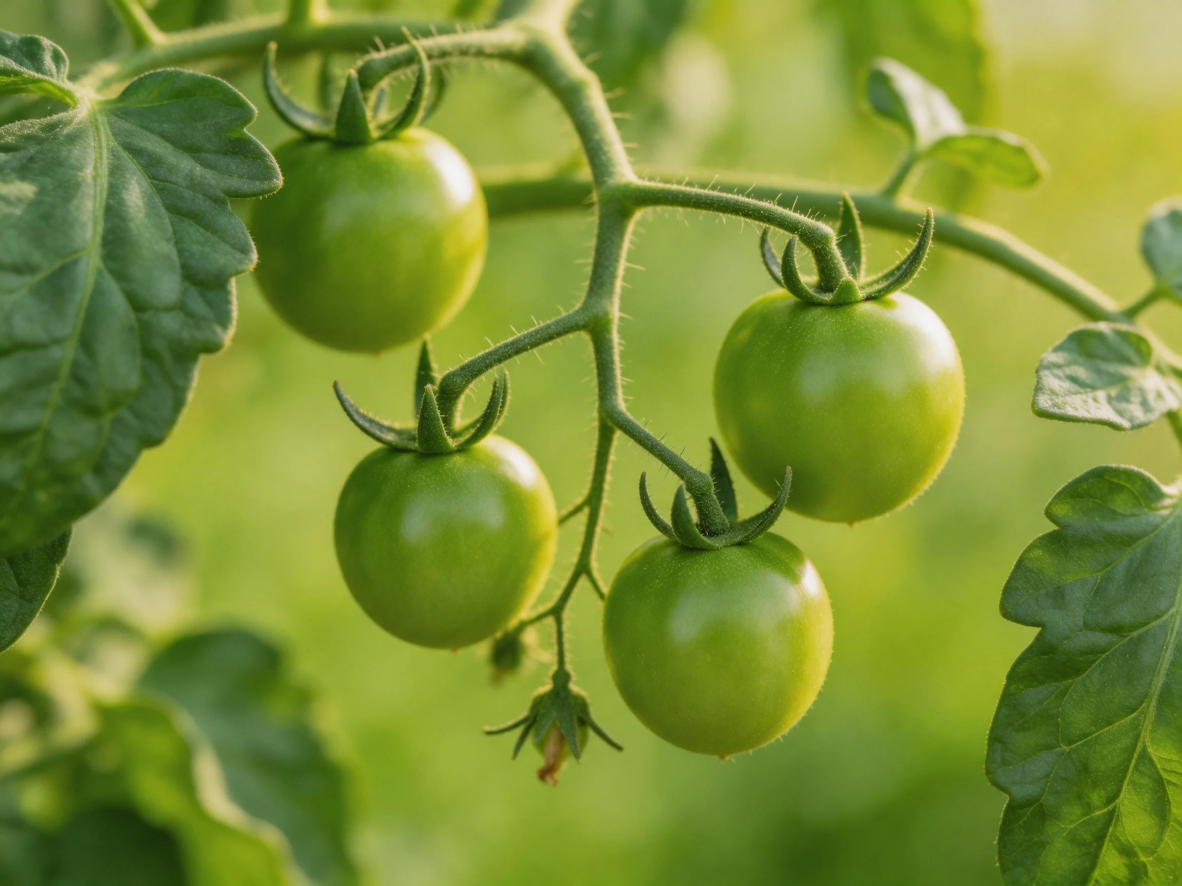 Four unripe green cherry tomatoes on a vine with large leaves