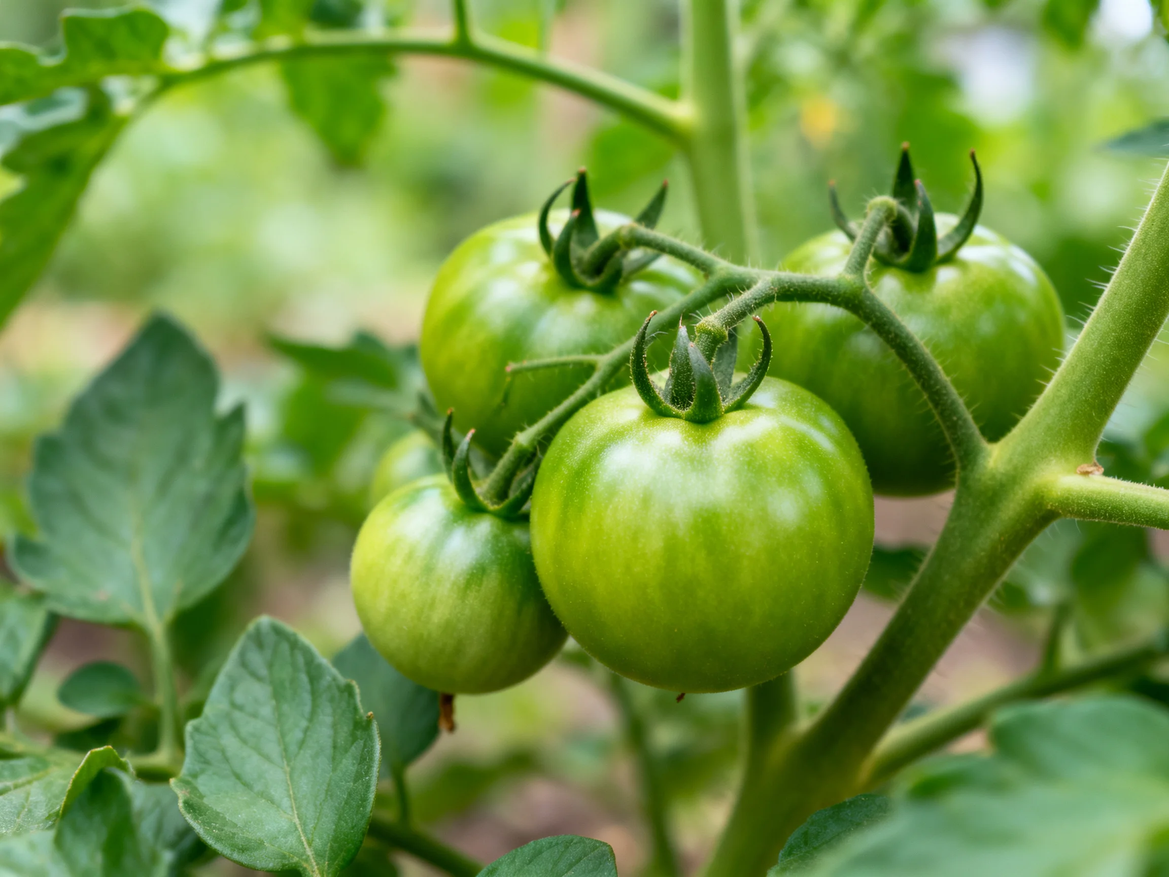 Four unripe green tomatoes cluster on a leafy tomato vine