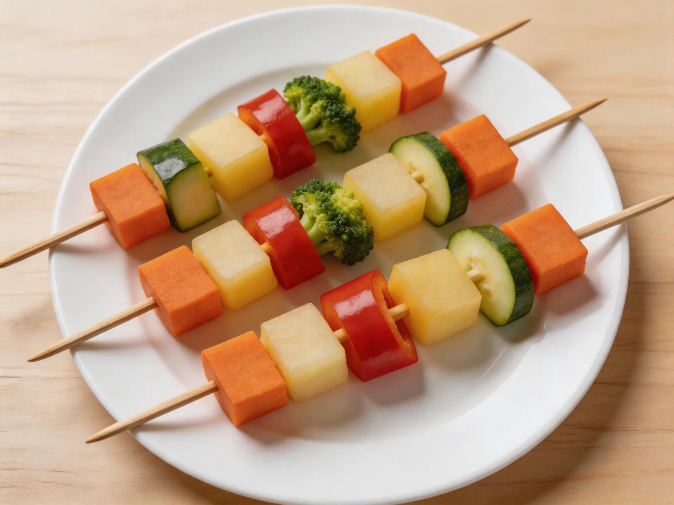 Four vegetable skewers with carrots, zucchini, pineapple, and broccoli on a white plate