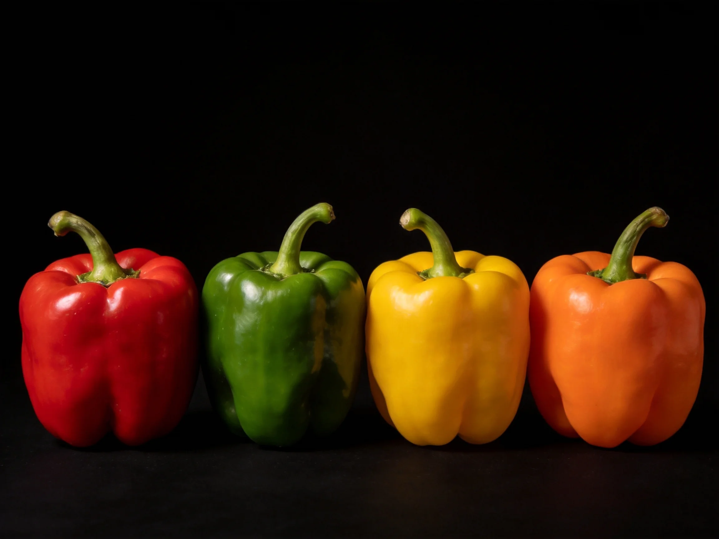 Four vibrant bell peppers arranged in sequence on a black background