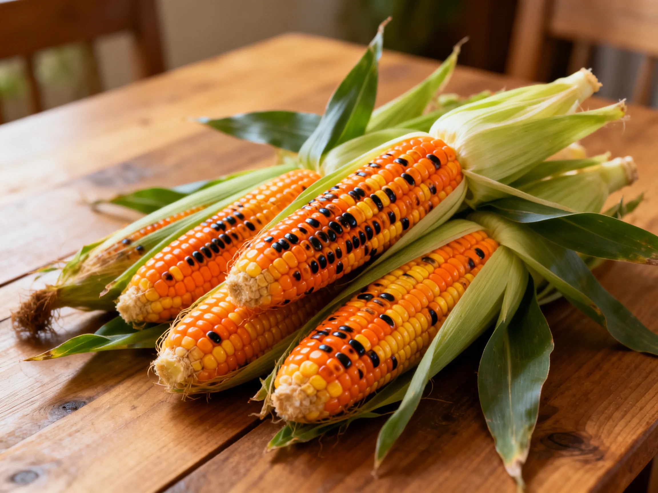 Four vibrant corn cobs with orange, yellow, and black kernels on a wooden table