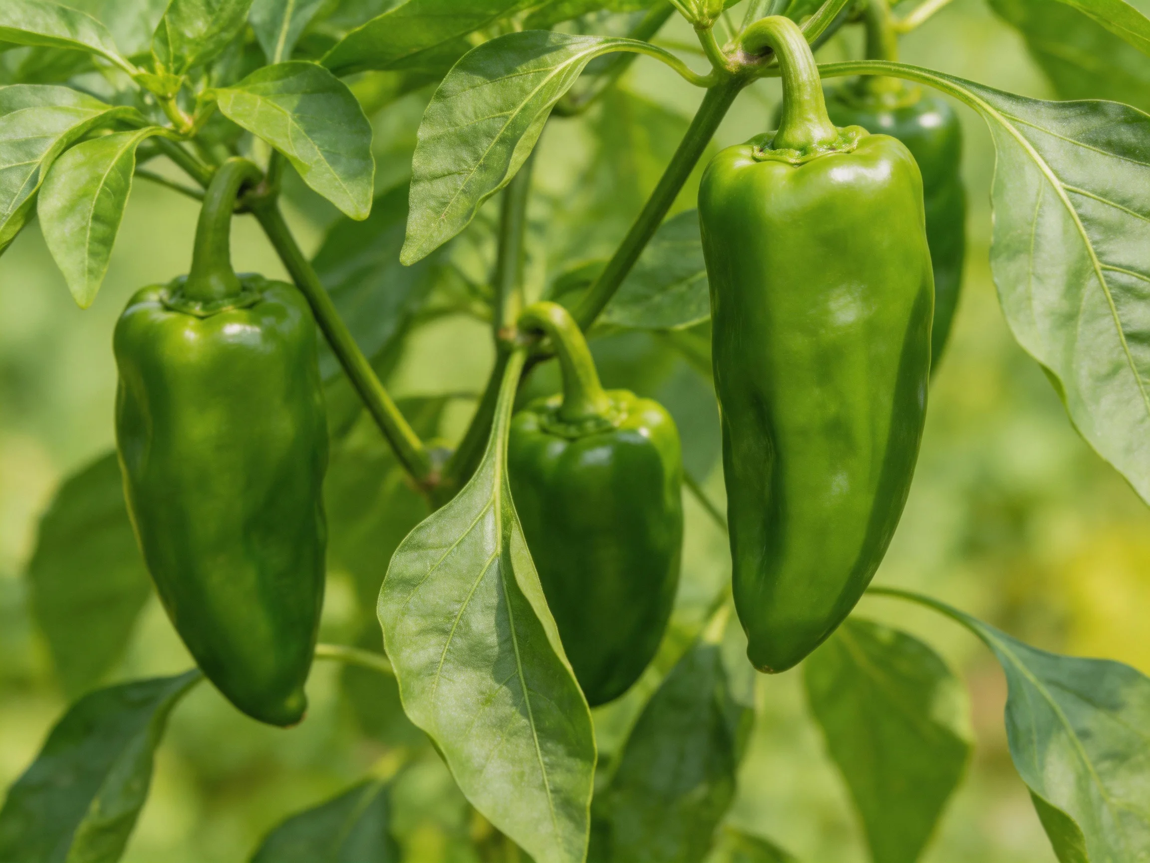 Four vibrant green peppers growing on a lush pepper plant