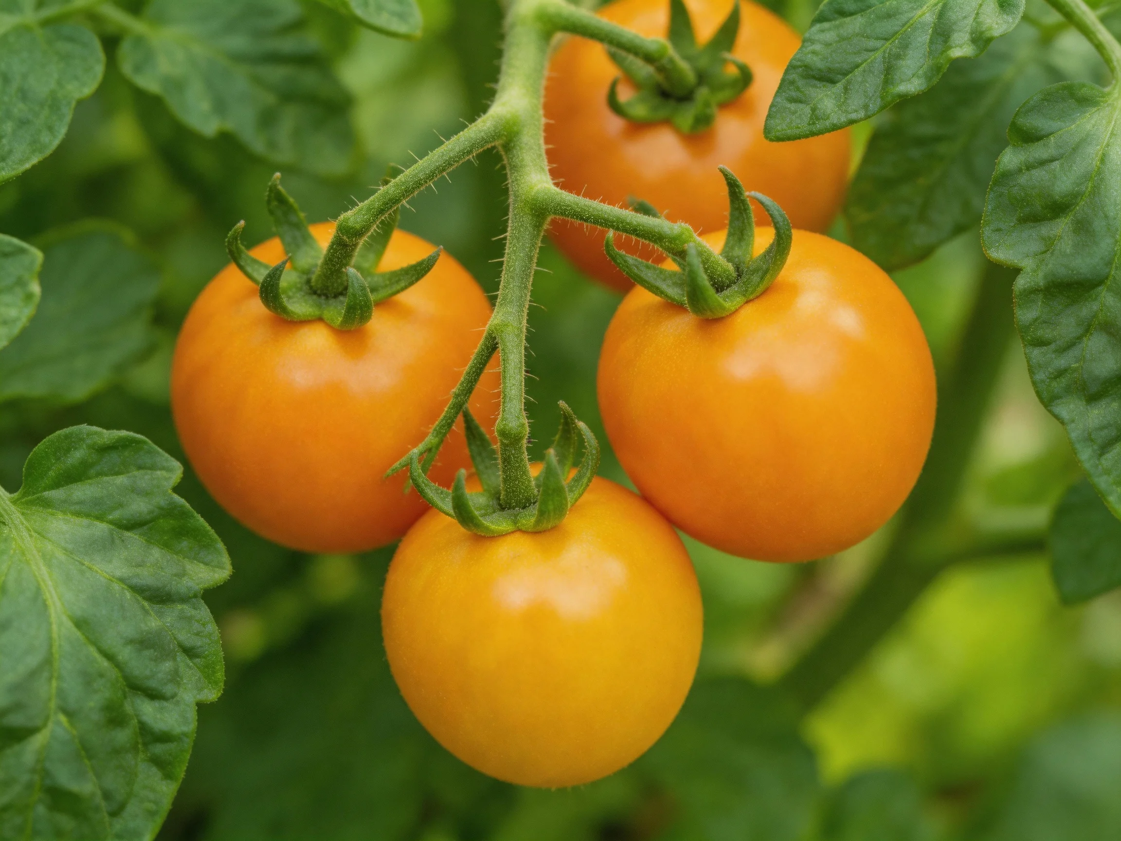 Four vibrant orange cherry tomatoes hanging from a green vine with lush foliage