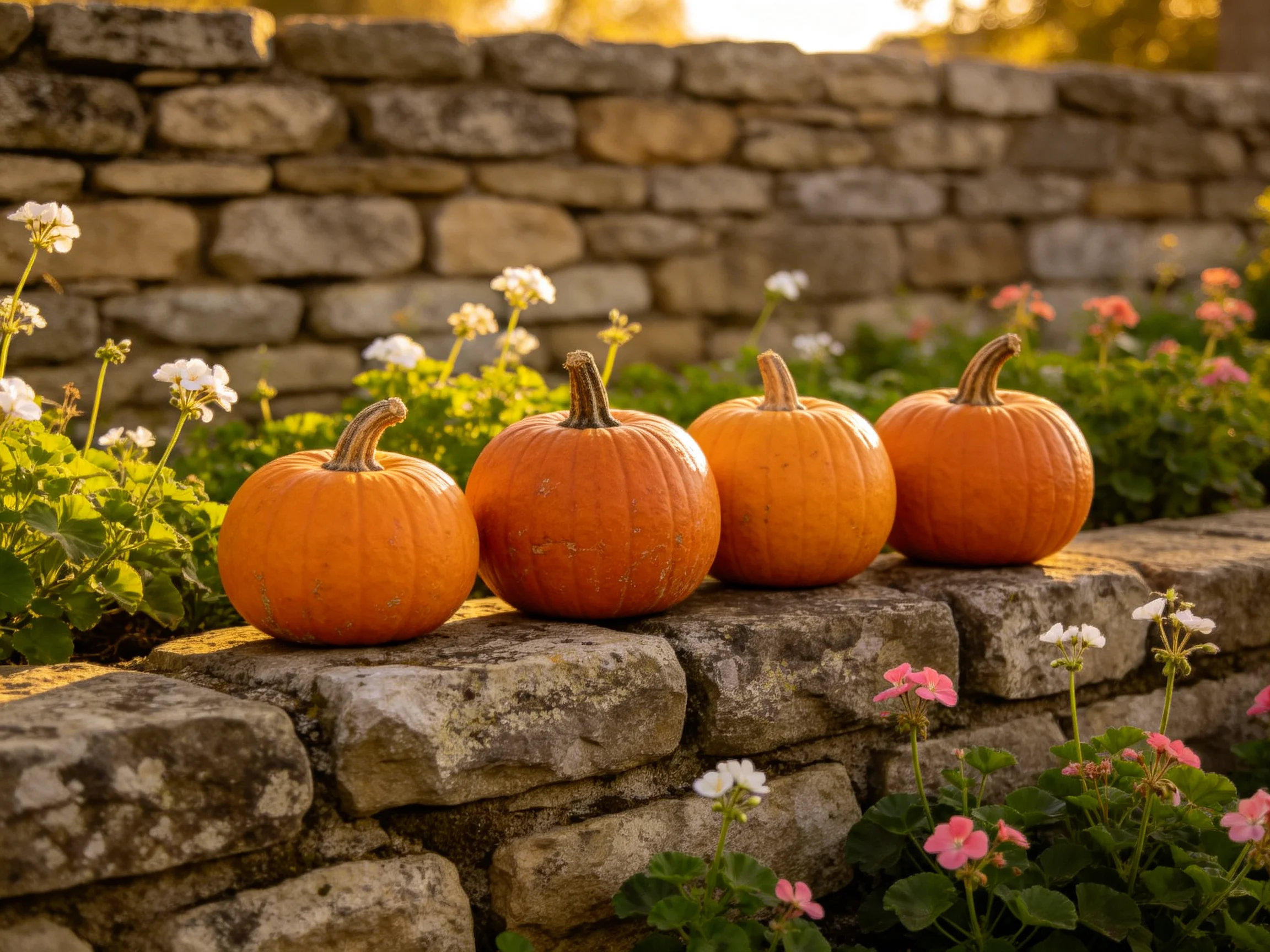 Four vibrant orange pumpkins rest on an aged stone wall amid colorful flowers