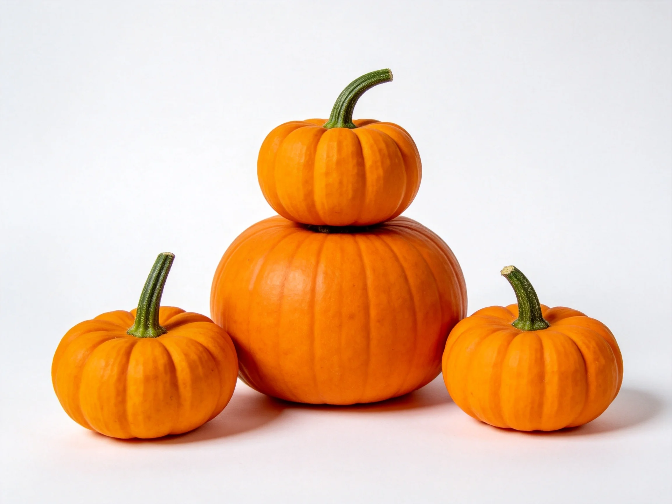 Four vibrant orange pumpkins stacked in a pyramid formation