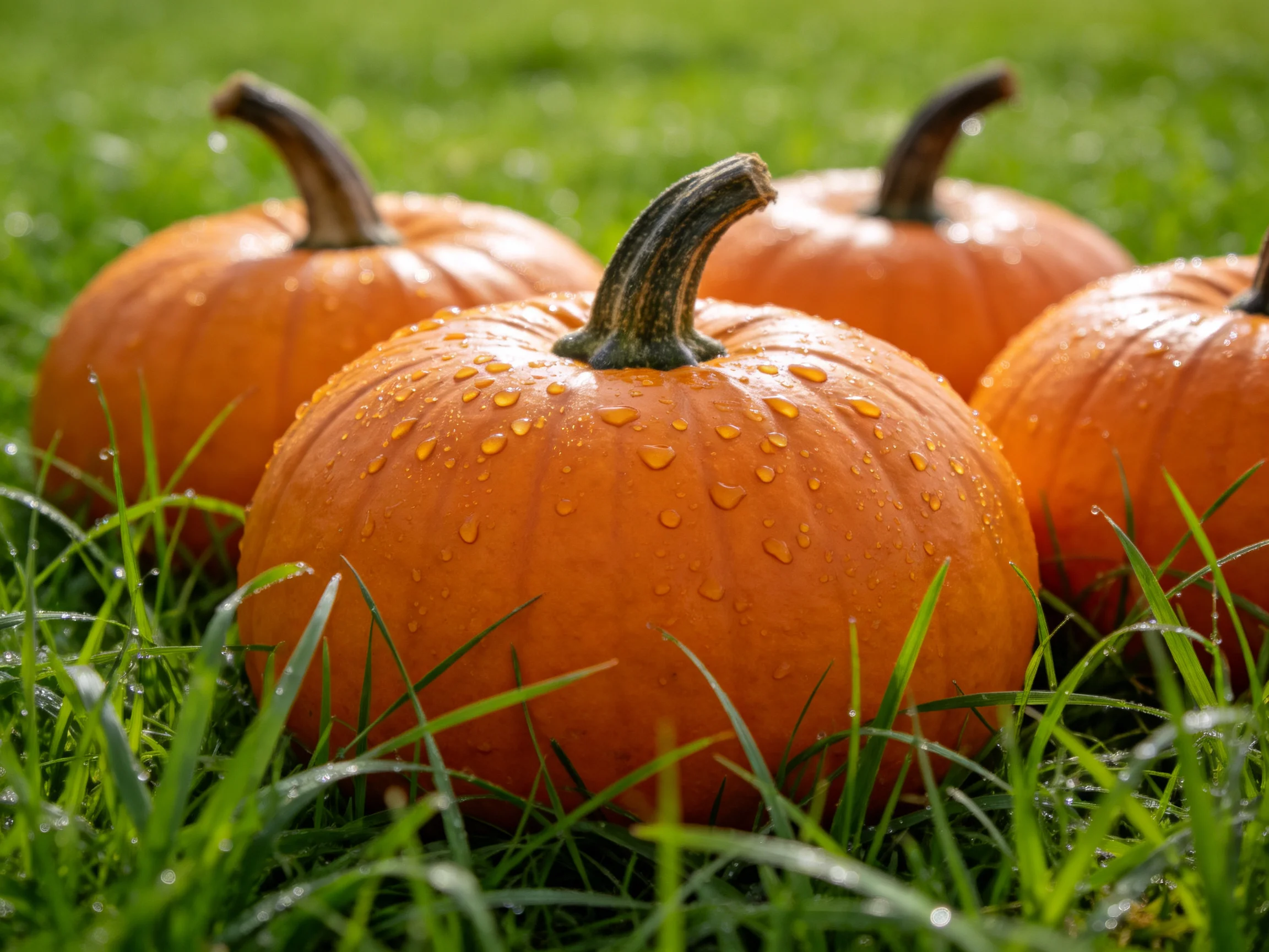 Four vibrant orange pumpkins with water droplets sit on lush green grass