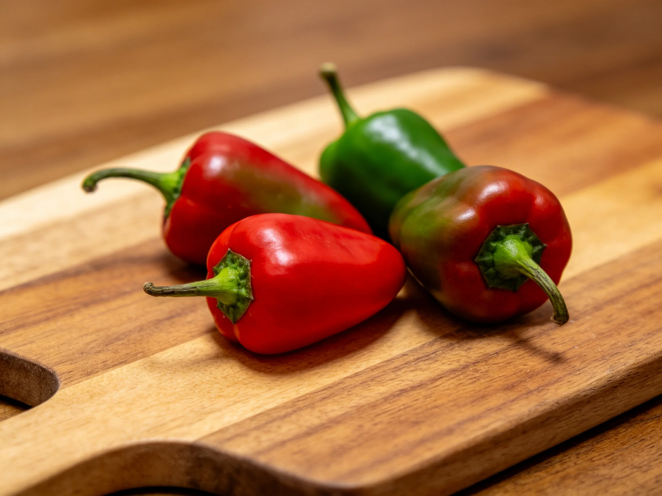 Four vibrant peppers of red and green hues sit atop a wooden cutting board
