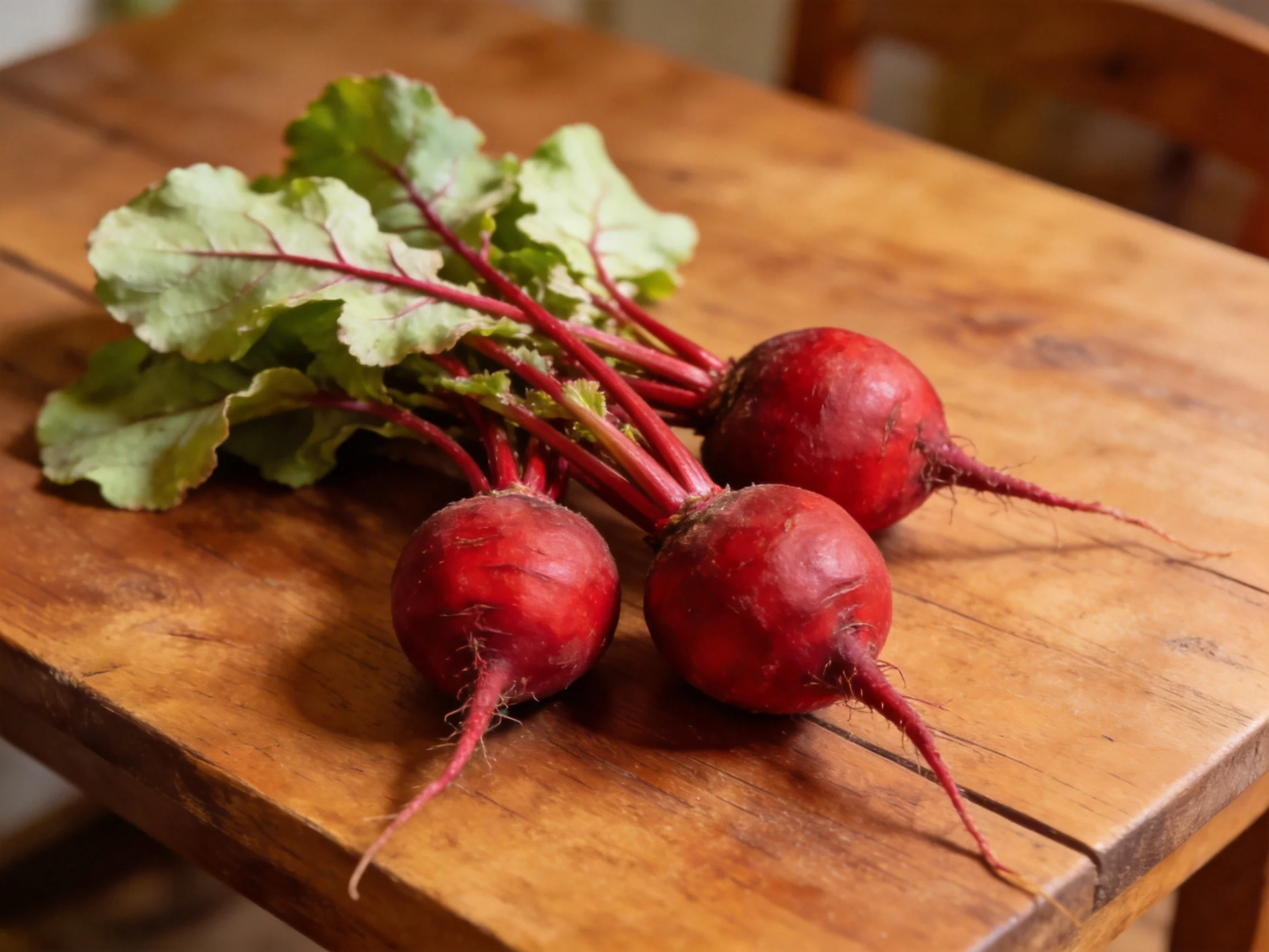 Four vibrant red beets with green tops rest on a rustic wooden table