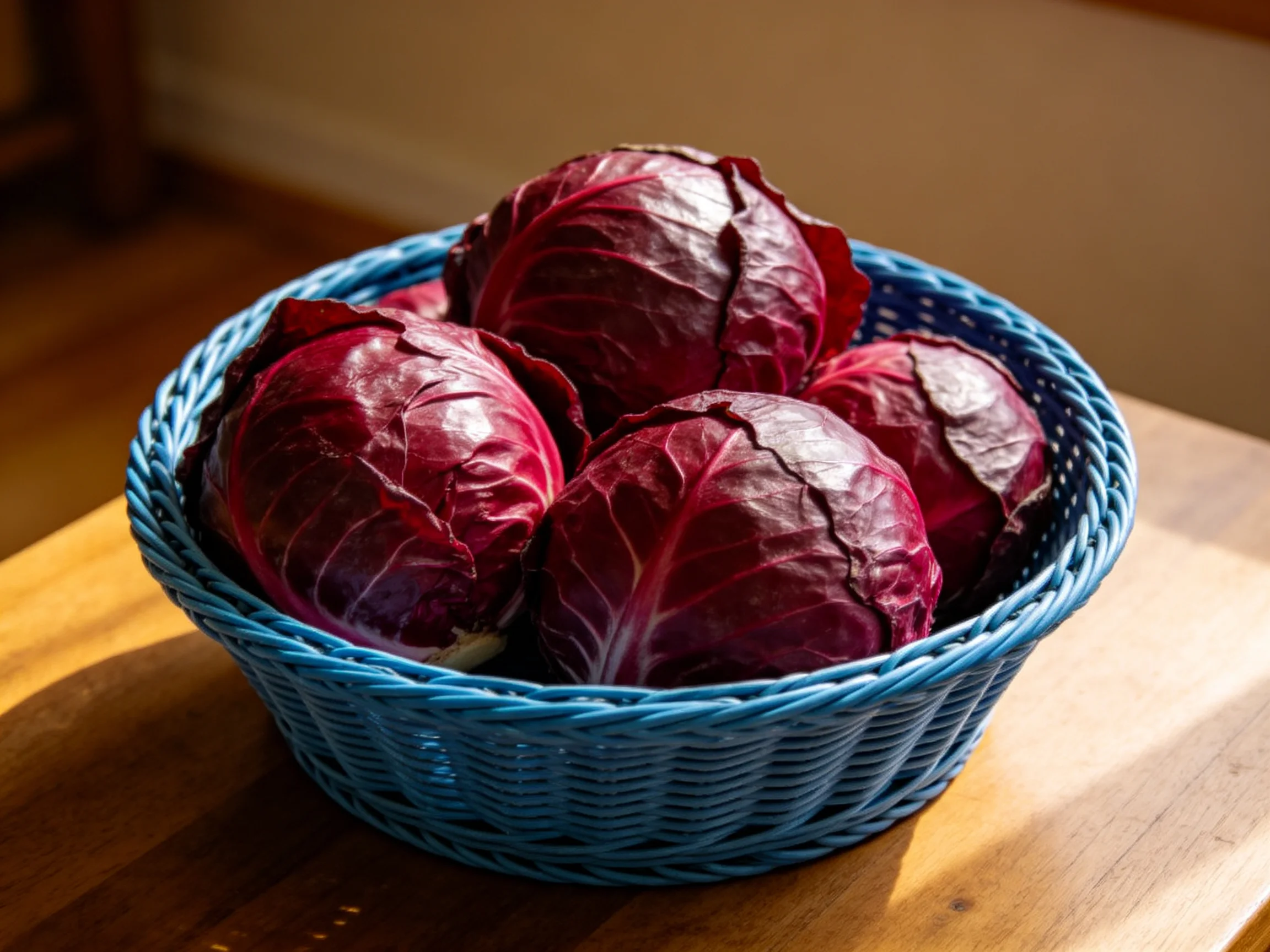 Four vibrant red cabbages arranged in a bright blue woven basket