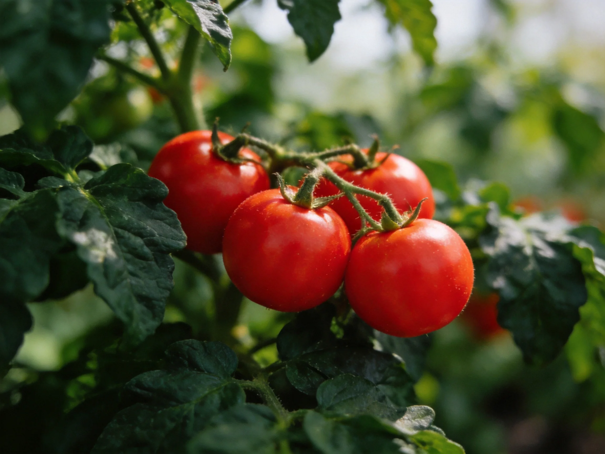 Four vibrant red cherry tomatoes clustered on a leafy vine