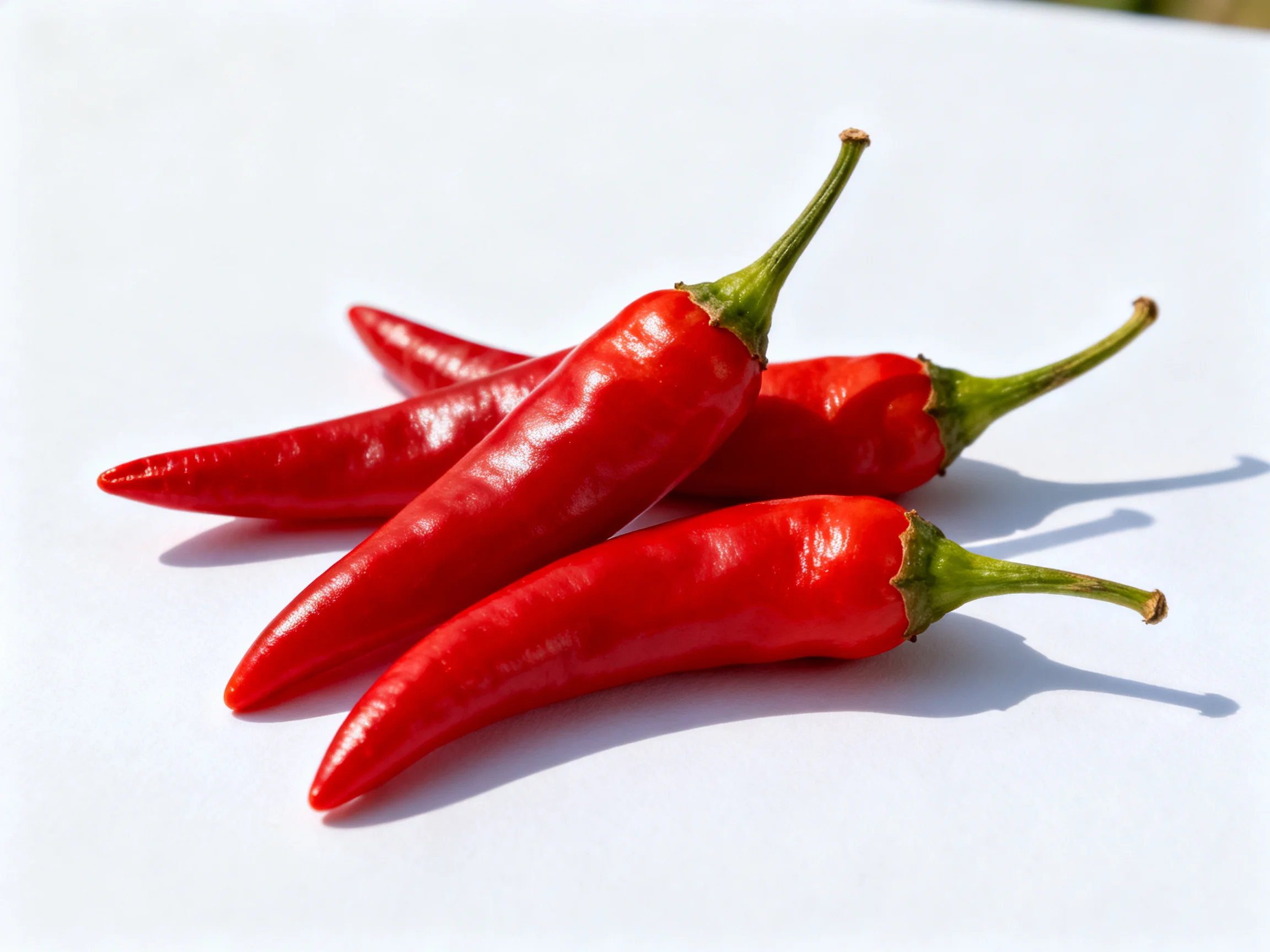 Four vibrant red chili peppers arranged on a white surface