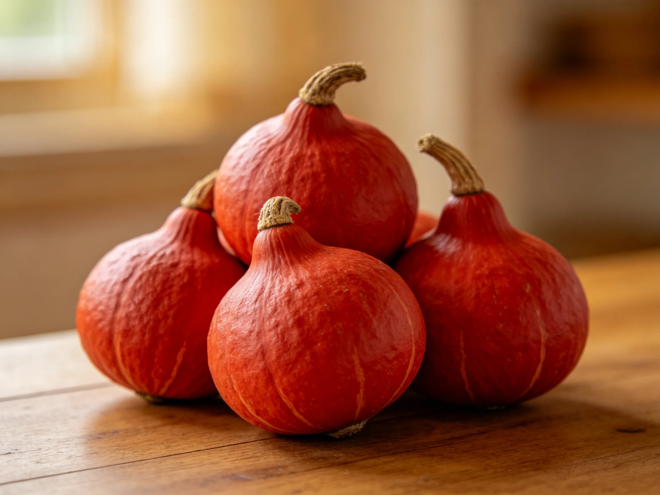 Four vibrant red gourds clustered on a wooden surface