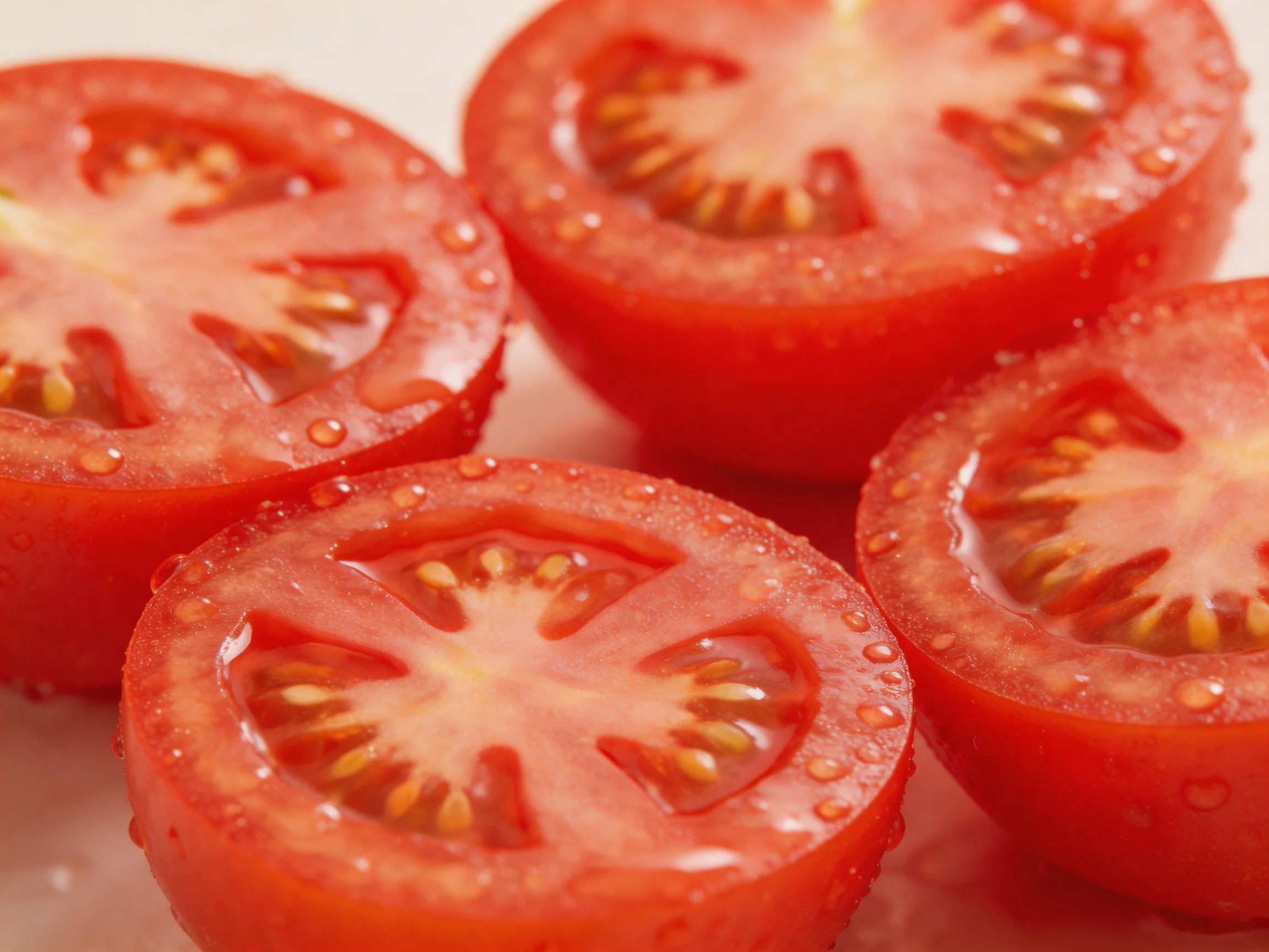 Four vibrant red tomato slices with water droplets