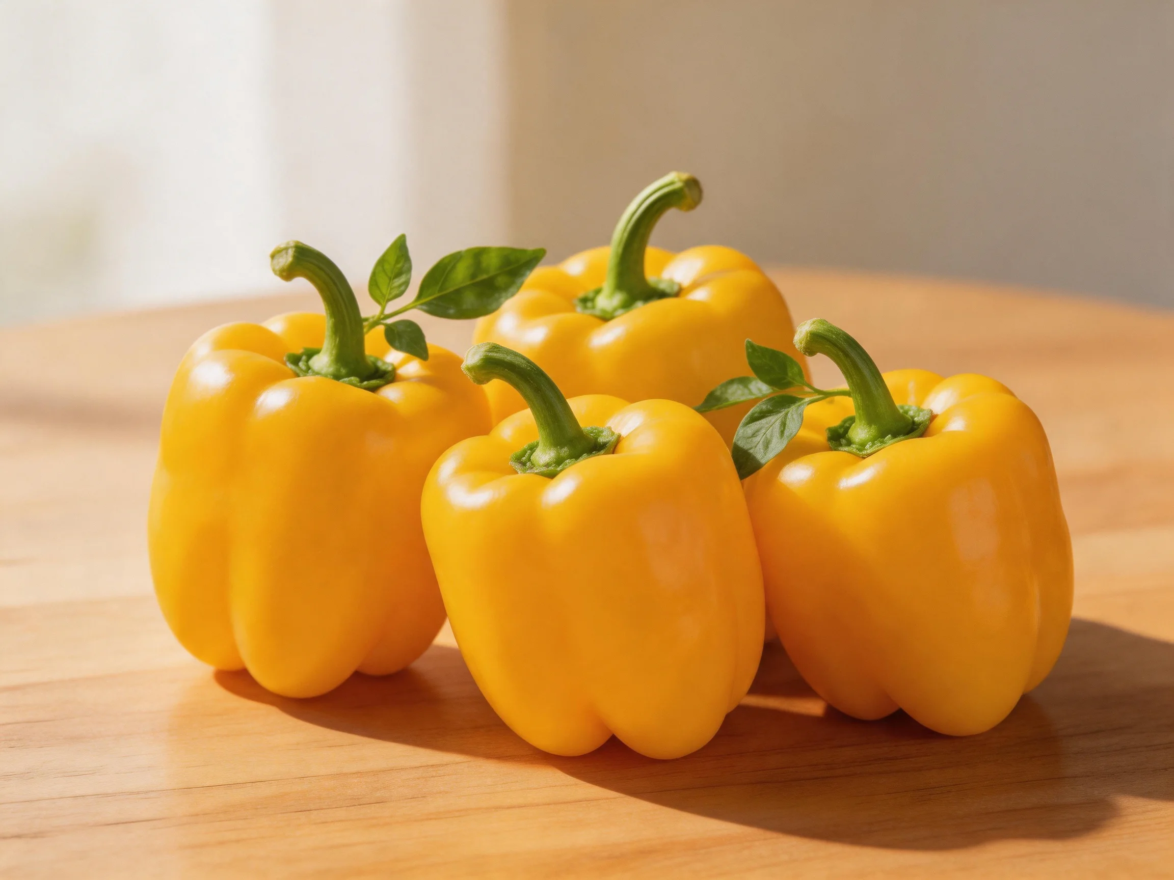 Four vibrant yellow bell peppers grouped on a wooden surface