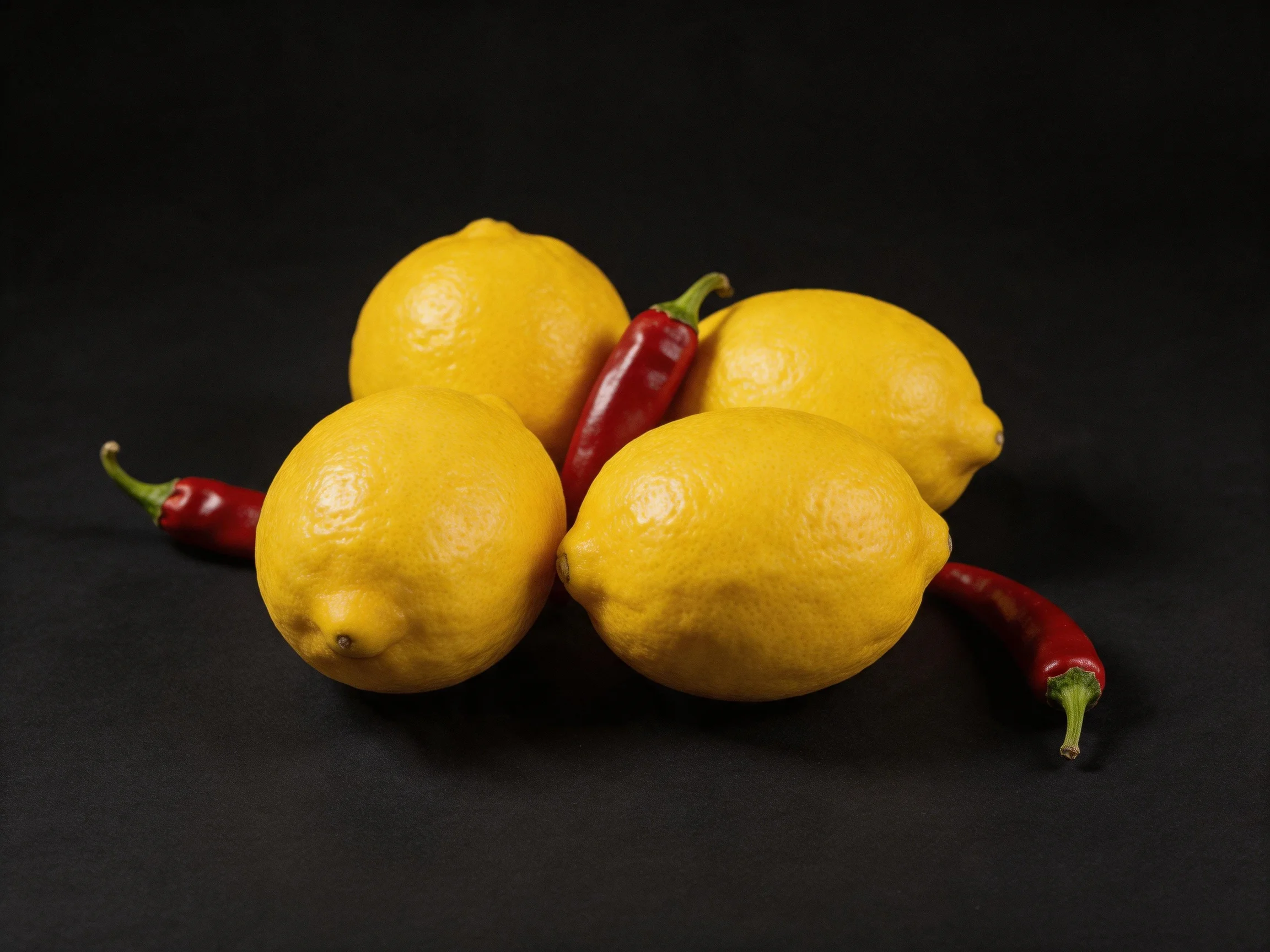 Four vibrant yellow lemons with three red chili peppers on a black surface