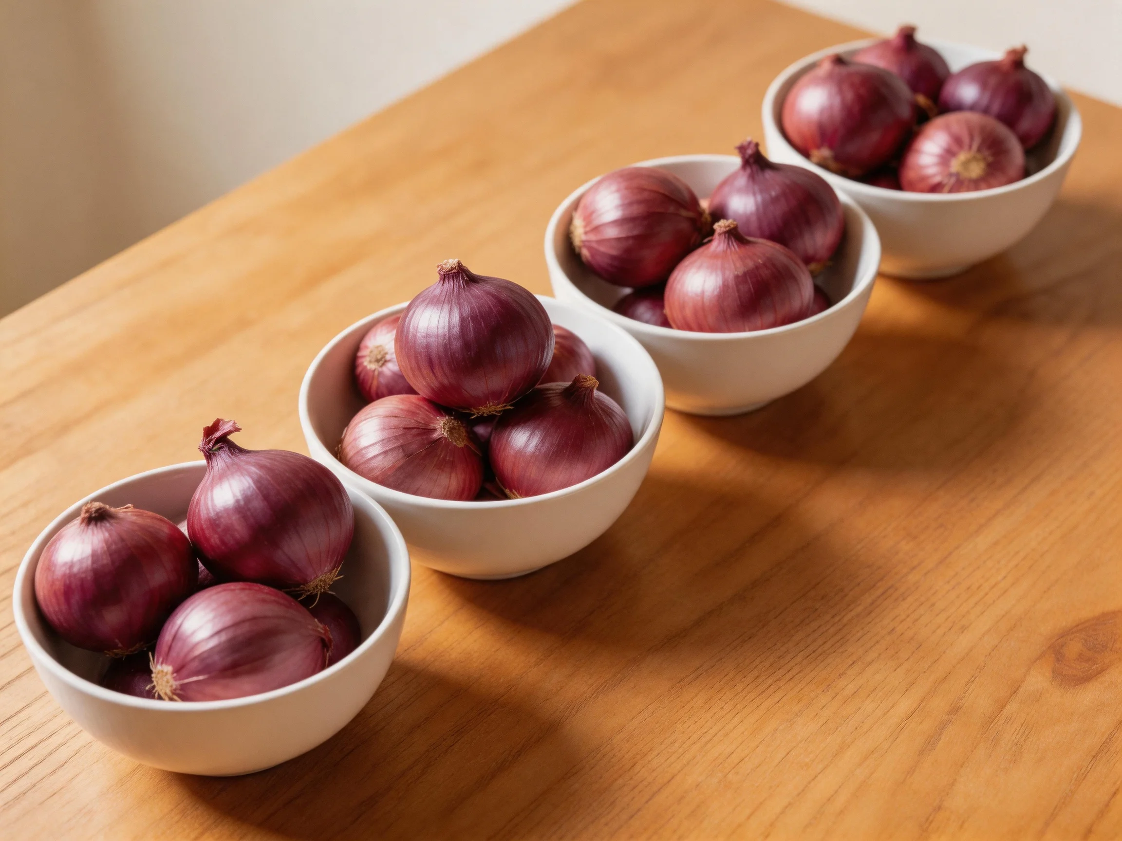 Four white bowls holding red onions on a wooden table