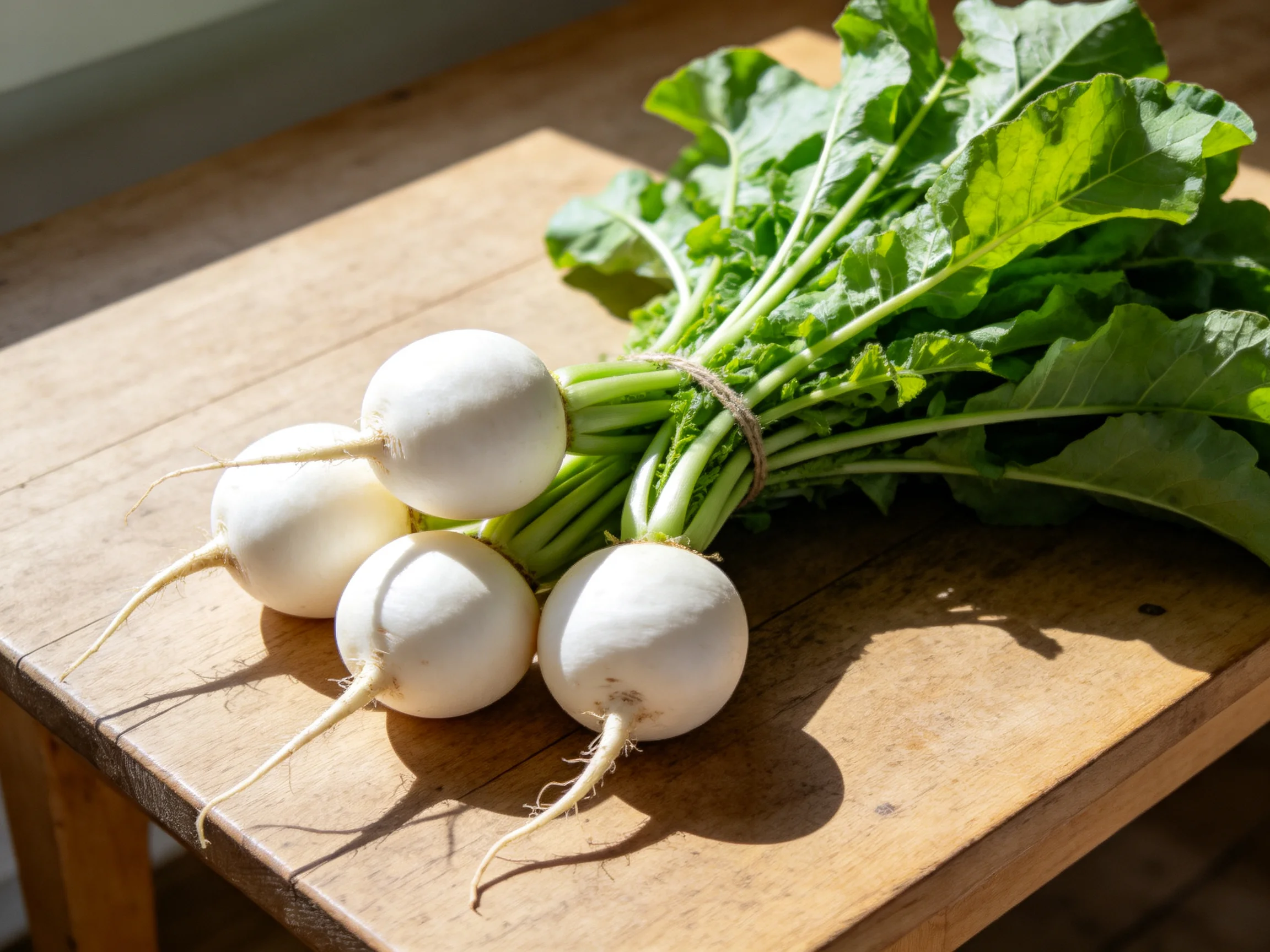 Four white radishes bundled with green leaves on a wooden surface