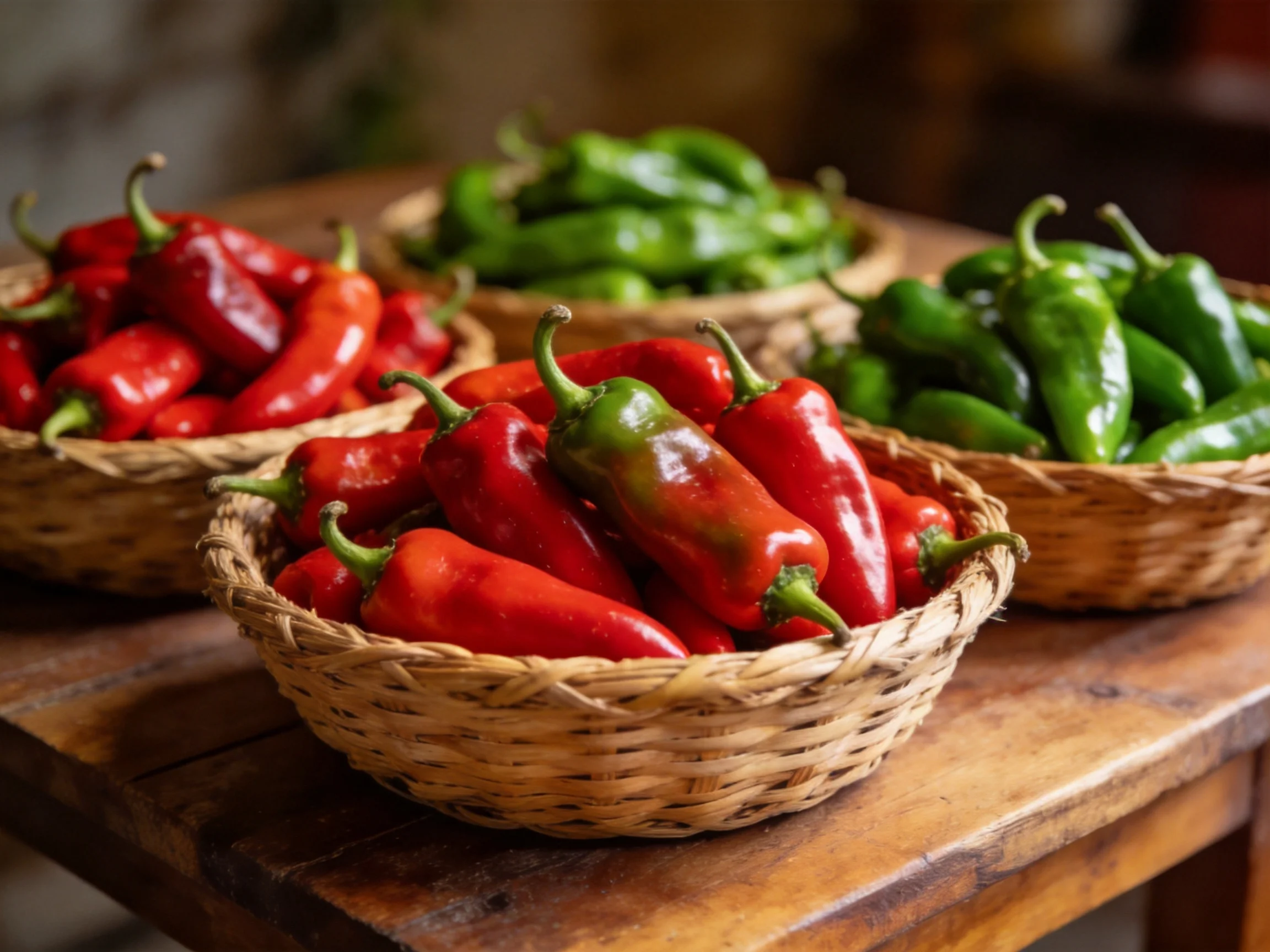 Four woven baskets hold vibrant red and fresh green chili peppers on a wooden table