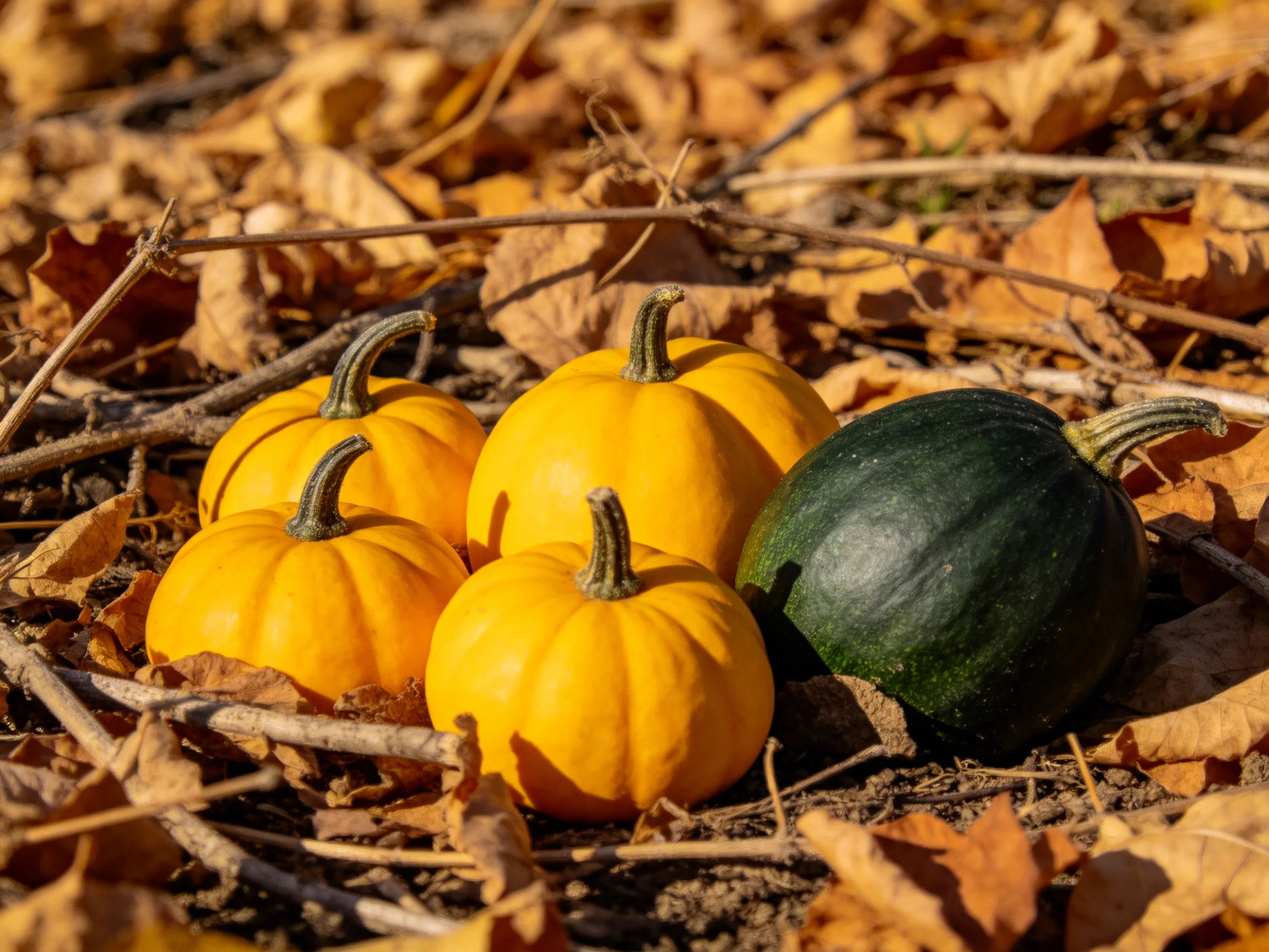 Four yellow and one dark green small pumpkins surrounded by autumn leaves