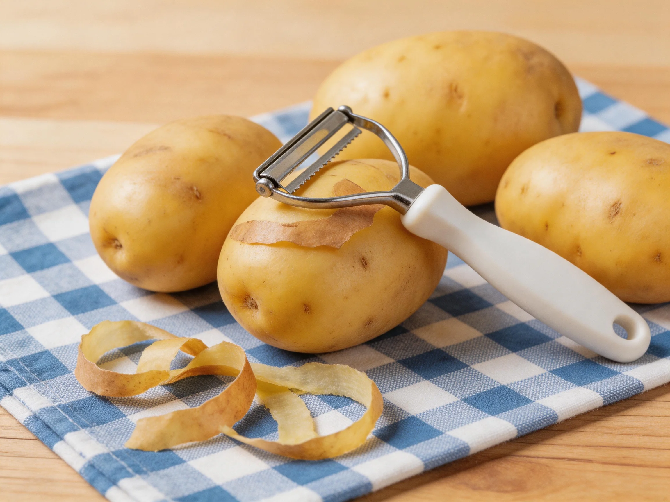 Four yellow potatoes, a metal-handled peeler, and potato peels on a blue-and-white checkered cloth