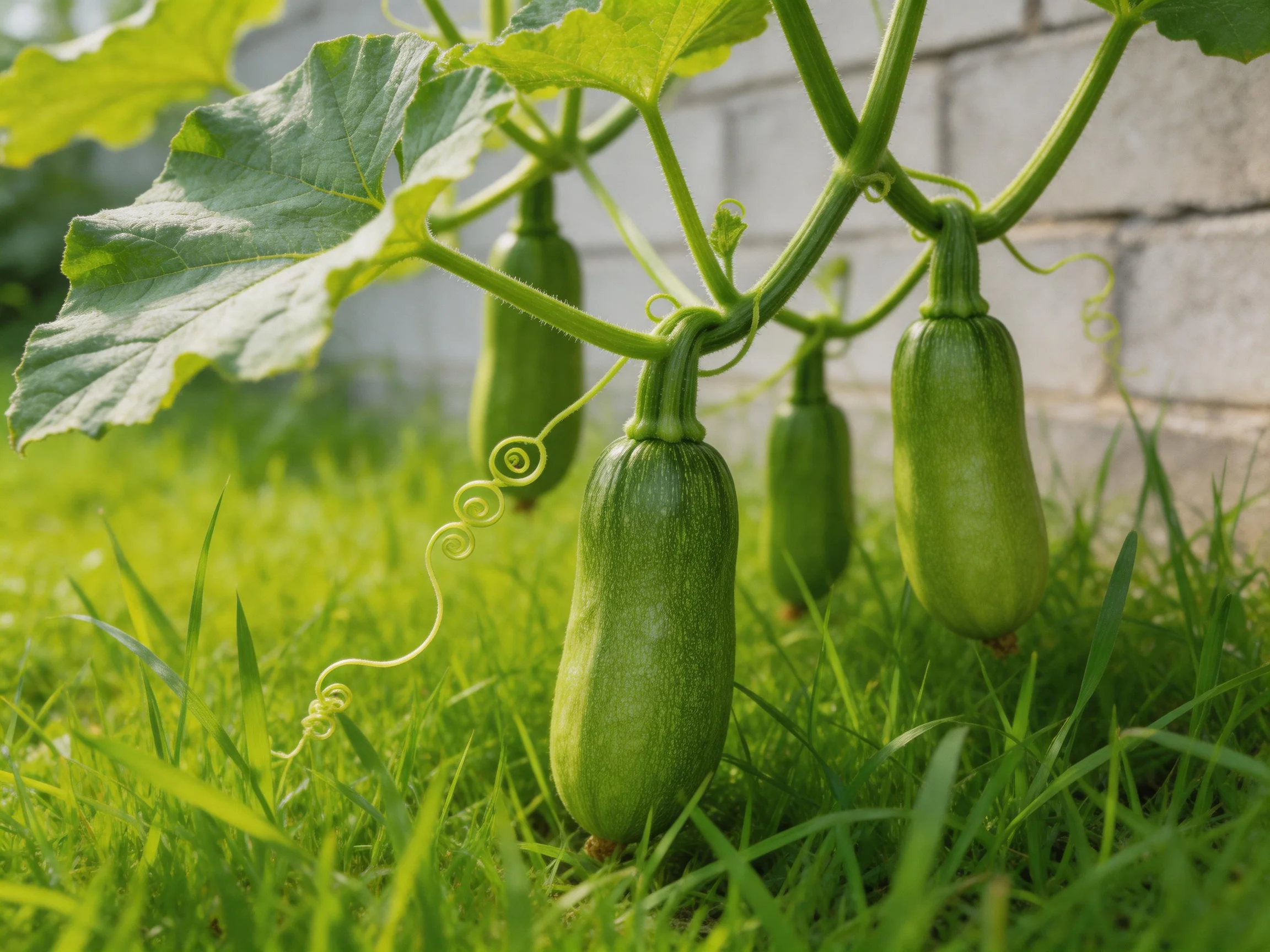 Four young green squash hang from vines near a white brick wall with lush grass