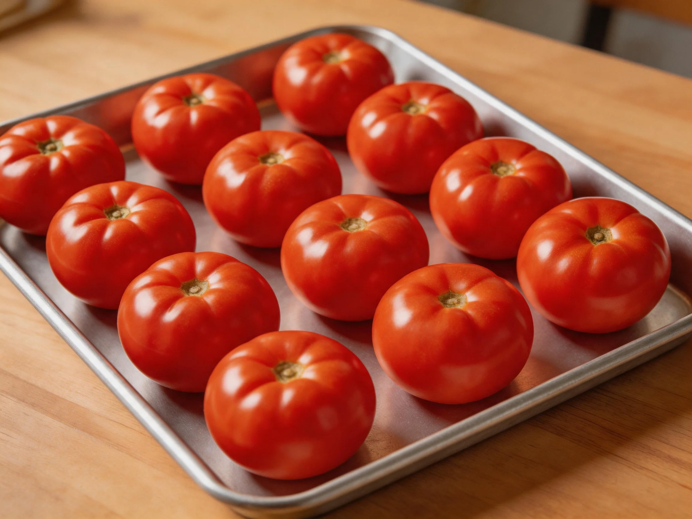Fourteen vibrant red tomatoes arranged in neat rows on a silver baking tray