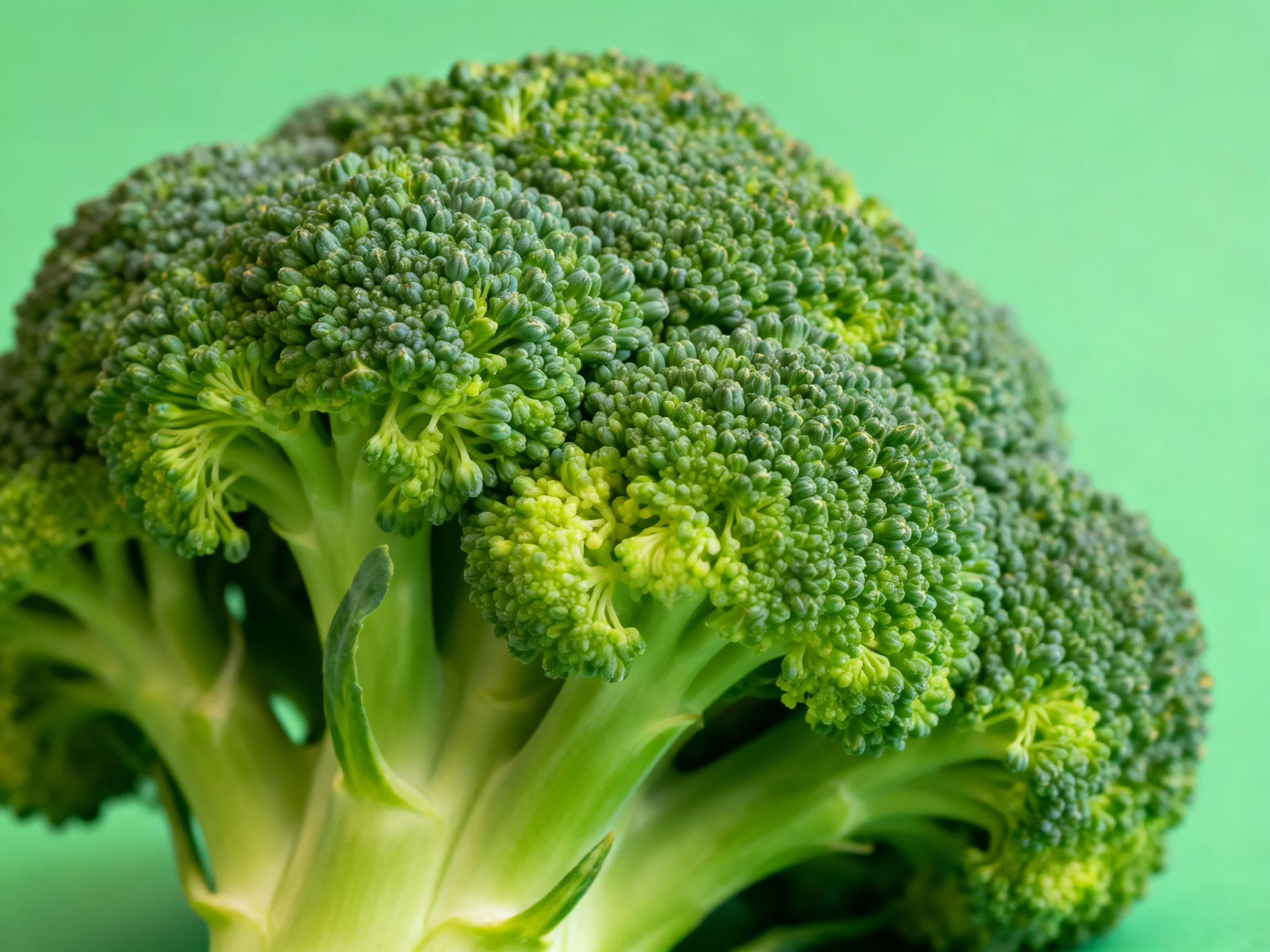 Fresh Broccoli Head with Dense Green Florets Against Solid Background