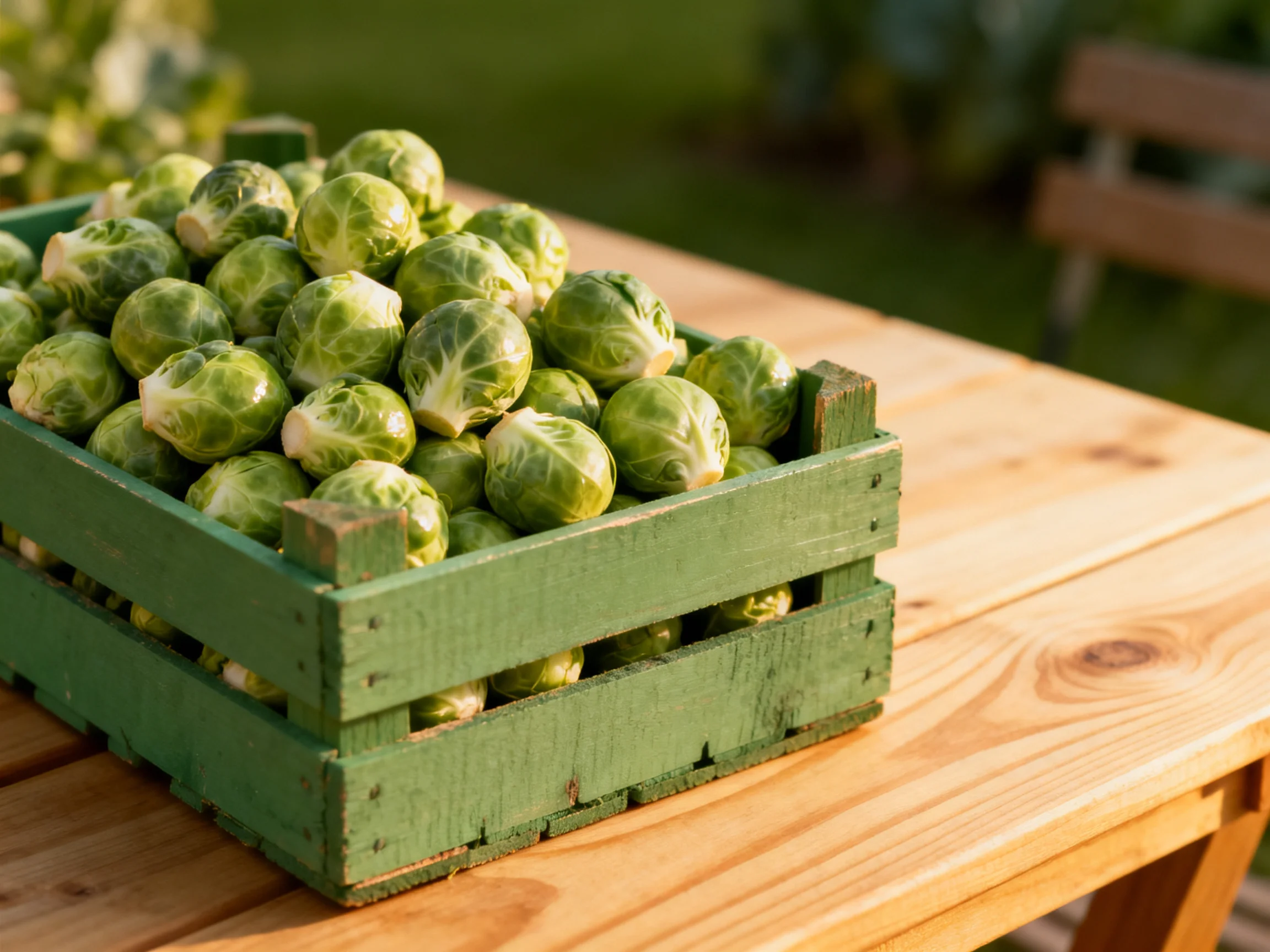 Fresh Brussels sprouts fill a weathered green crate on a wooden table