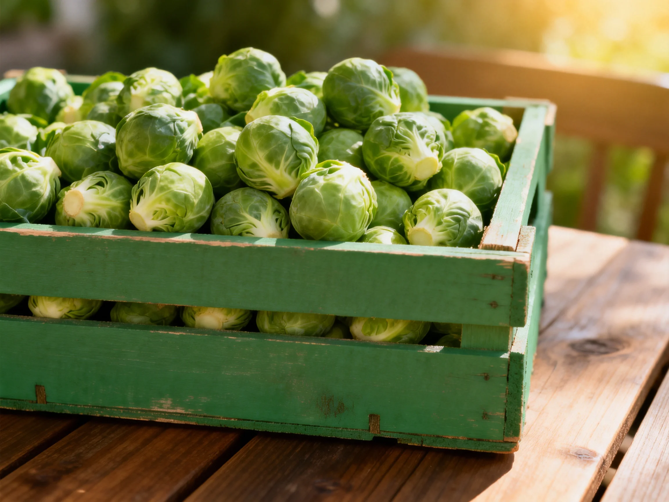 Fresh Brussels sprouts fill a weathered green wooden crate on an outdoor wooden table
