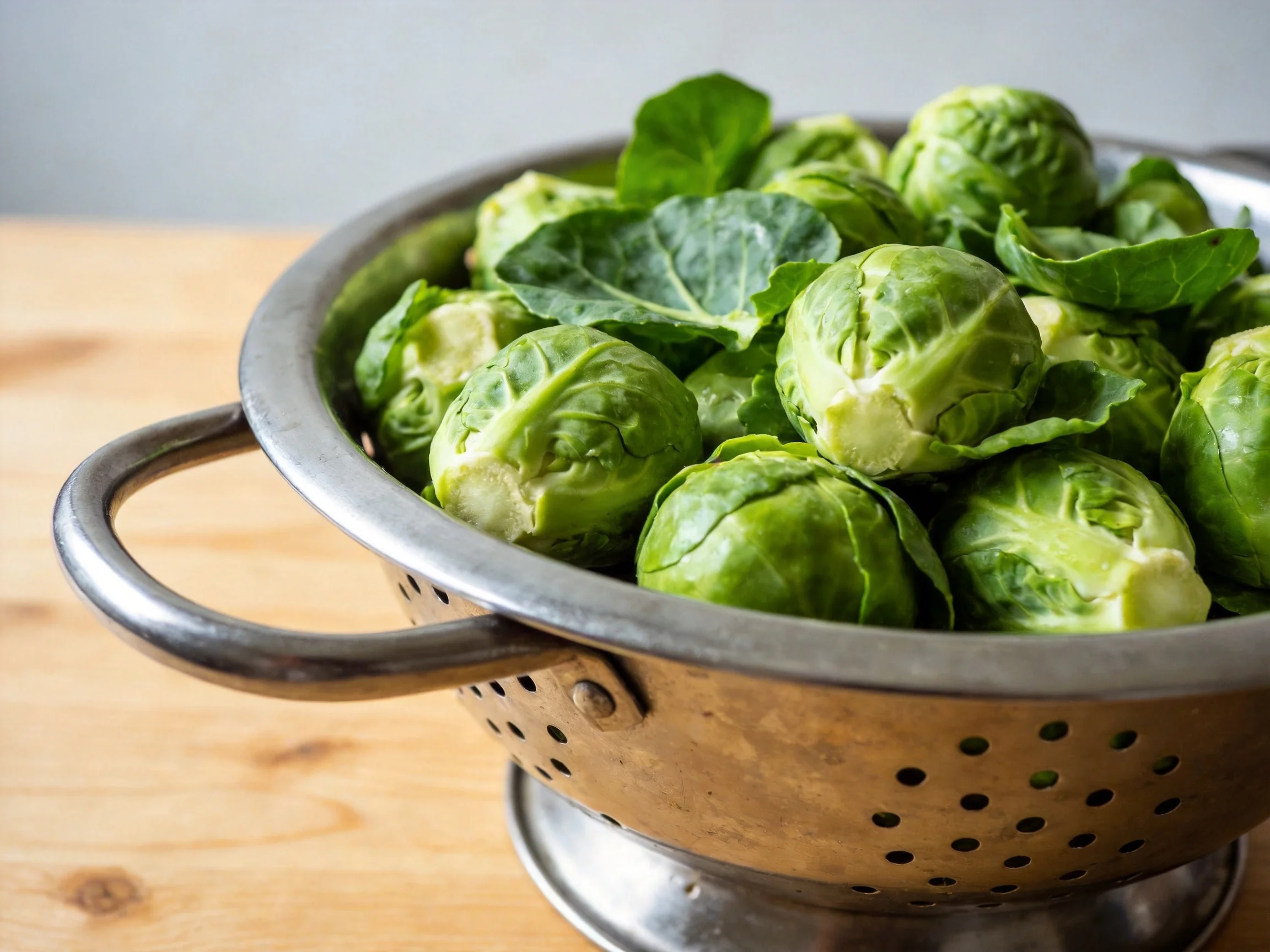 Fresh Brussels sprouts in a metallic colander on a wooden surface