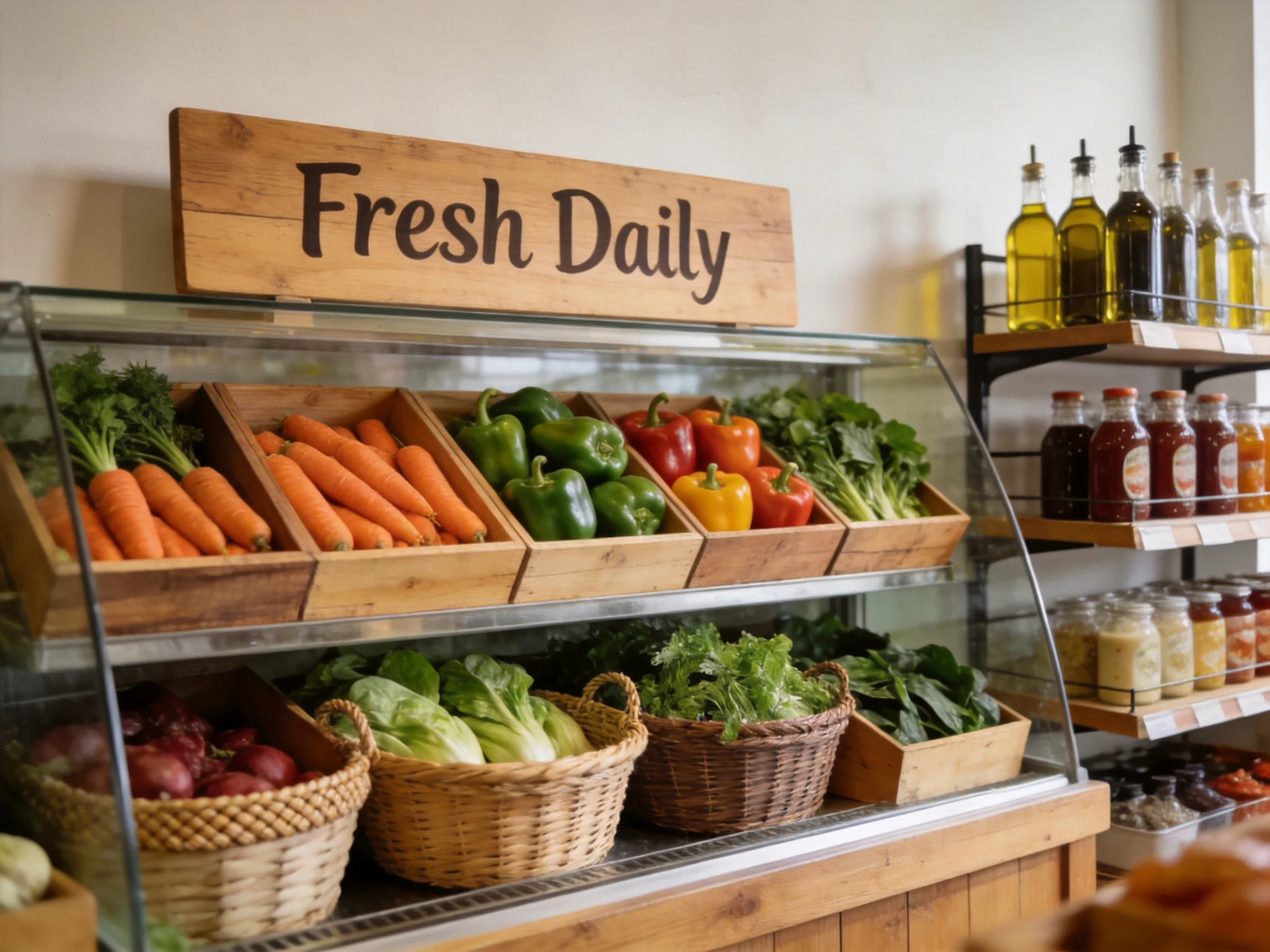 Fresh Daily Sign Above Glass Case of Colorful Vegetables in Wooden Containers