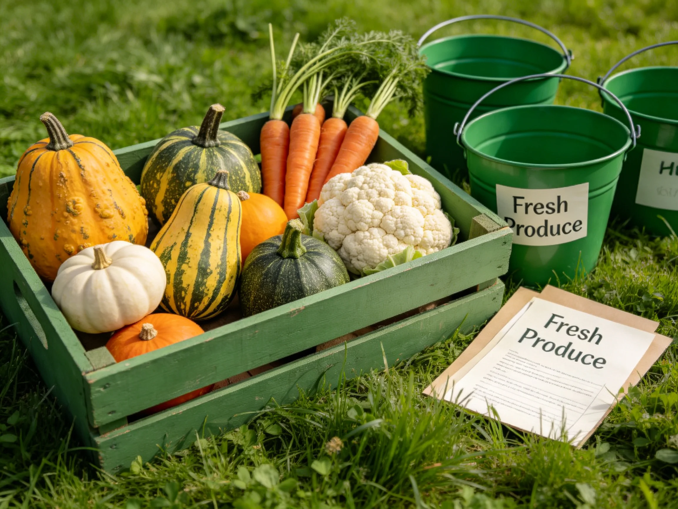 Fresh Fall Produce in Wooden Crate with Green Buckets