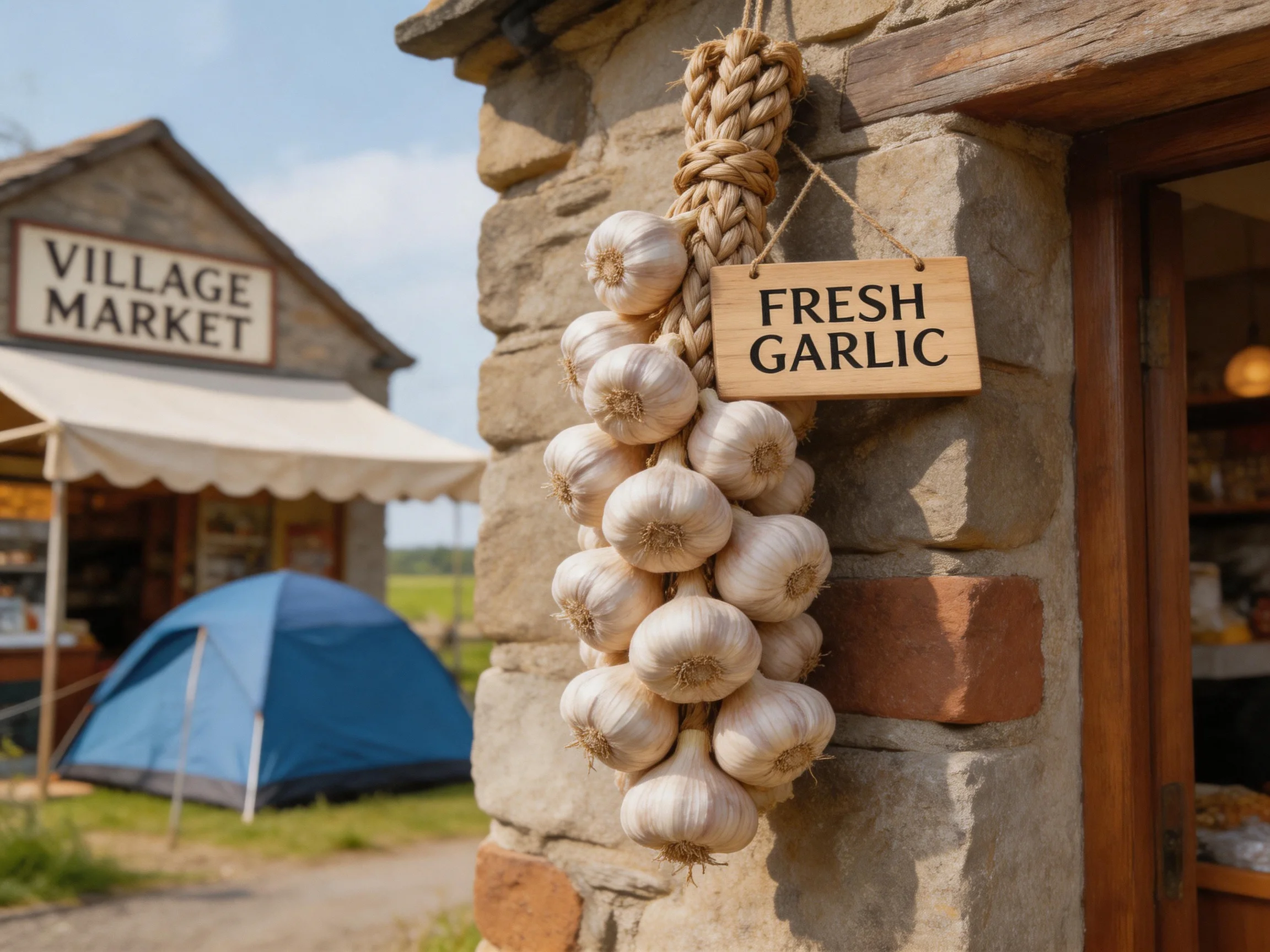 Fresh Garlic Bunch Hangs From Stone Building Near Village Market