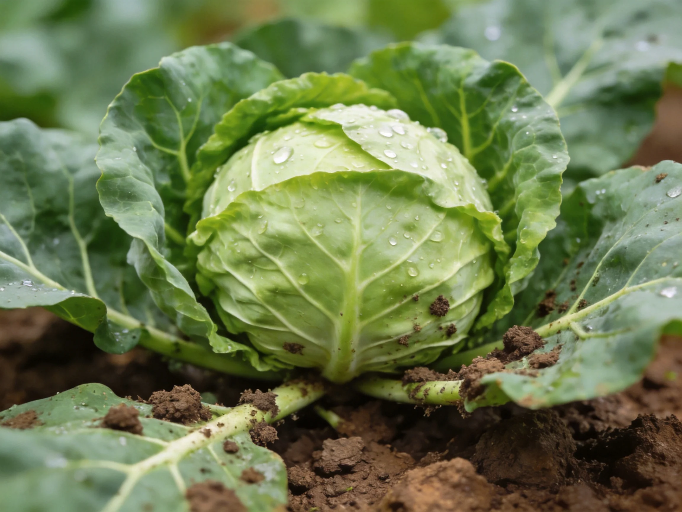 Fresh Green Cabbage with Dew Drops Growing in Rich Brown Soil