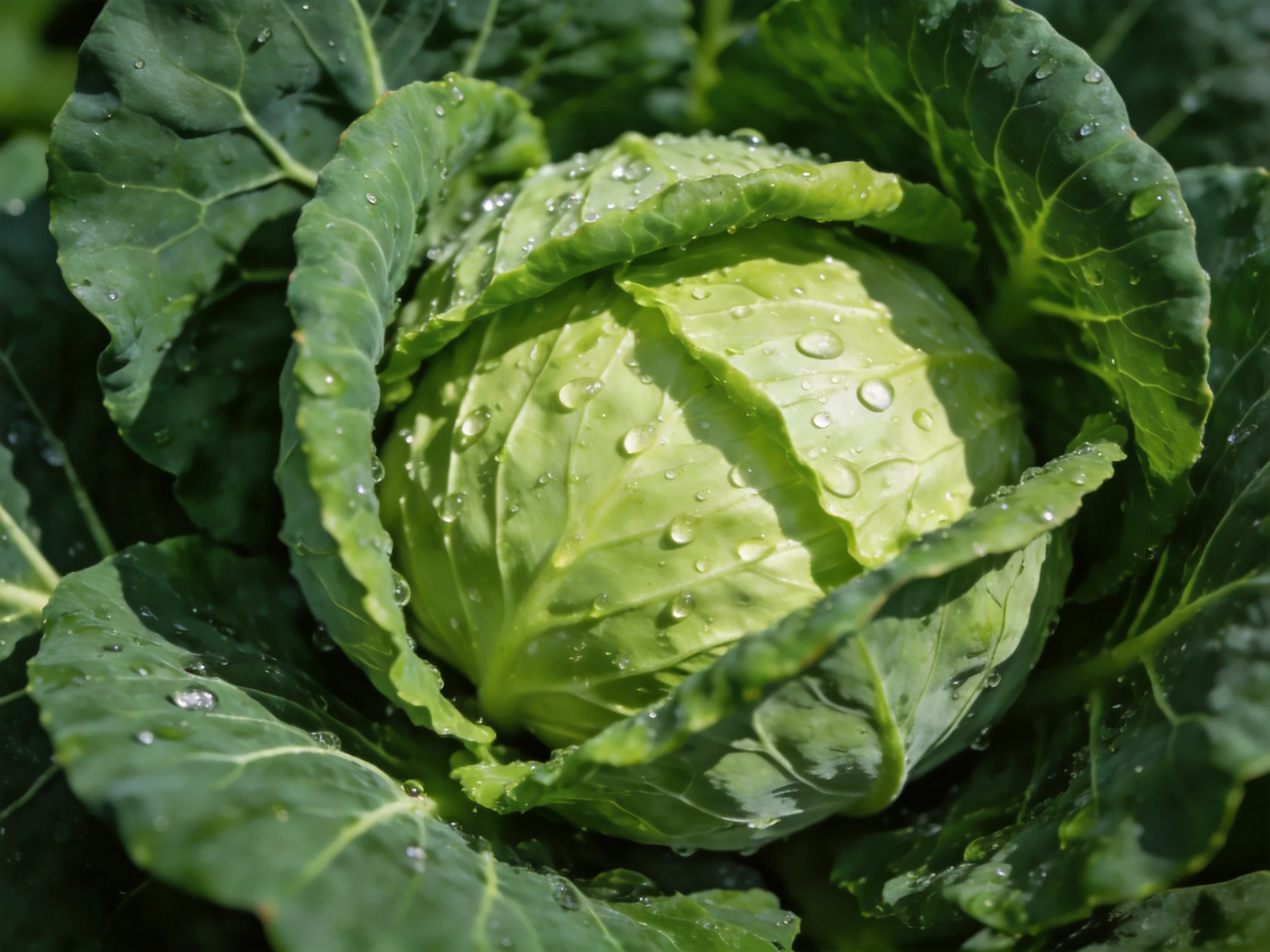 Fresh Green Cabbage with Dew Drops on Crispy Leaves