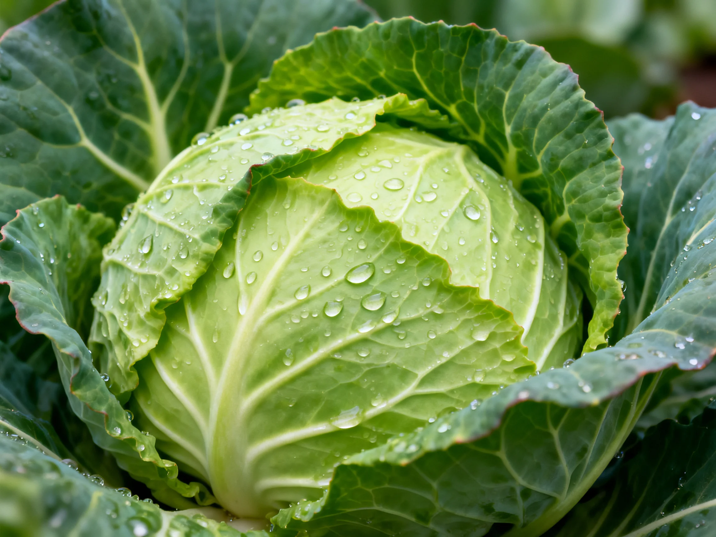 Fresh Green Cabbage with Dew Drops on Vibrant Leaves