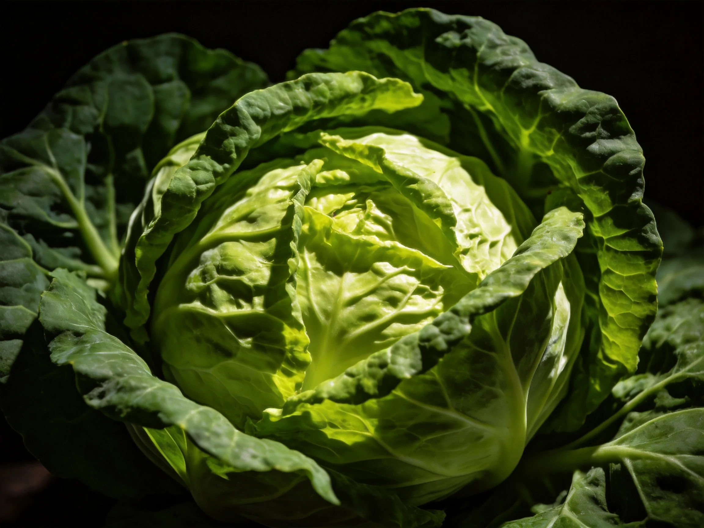 Fresh Green Cabbage with Textured Leaves Under Dramatic Lighting