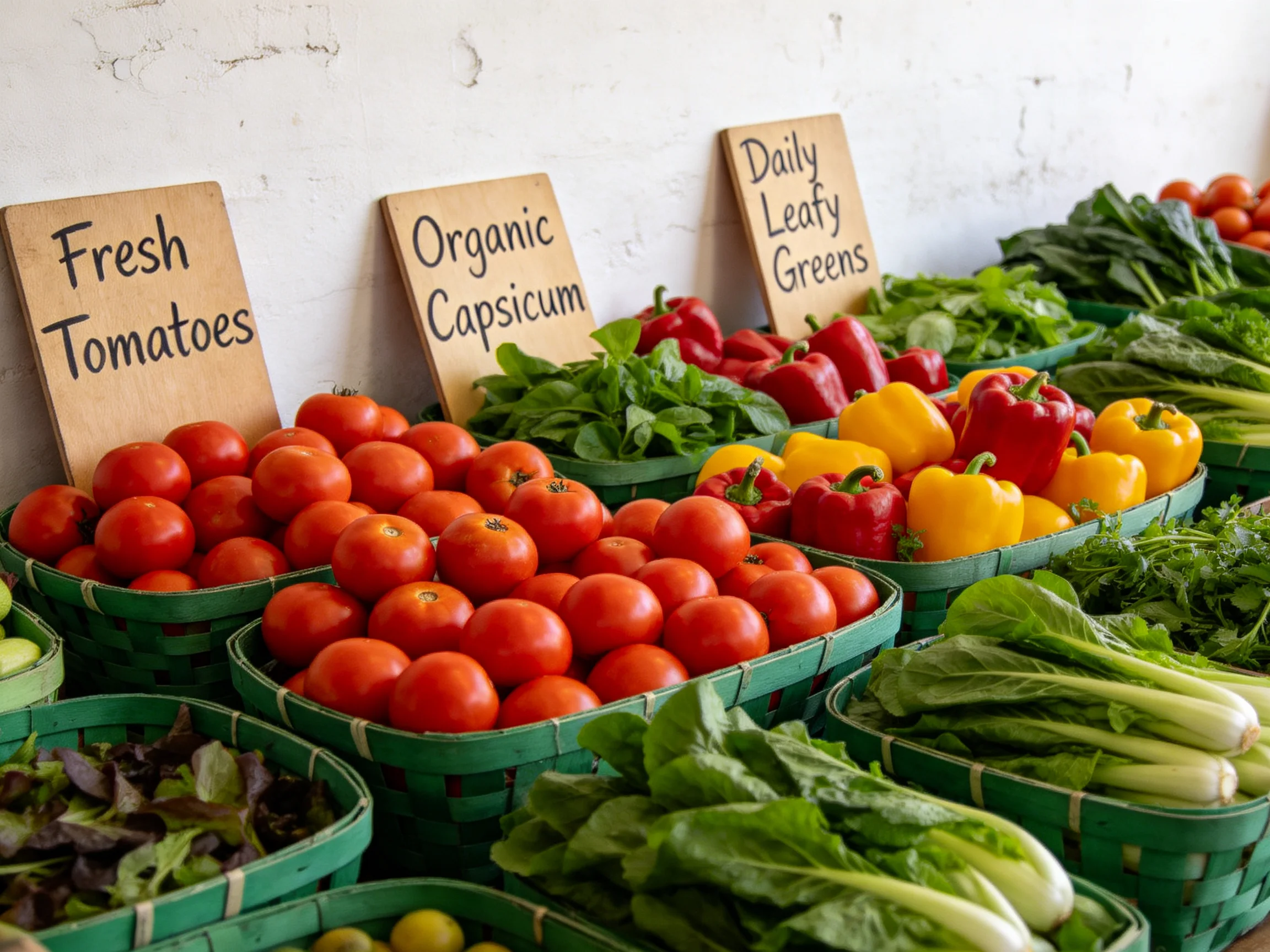 Fresh Market Vegetable Display with Colorful Organized Sections
